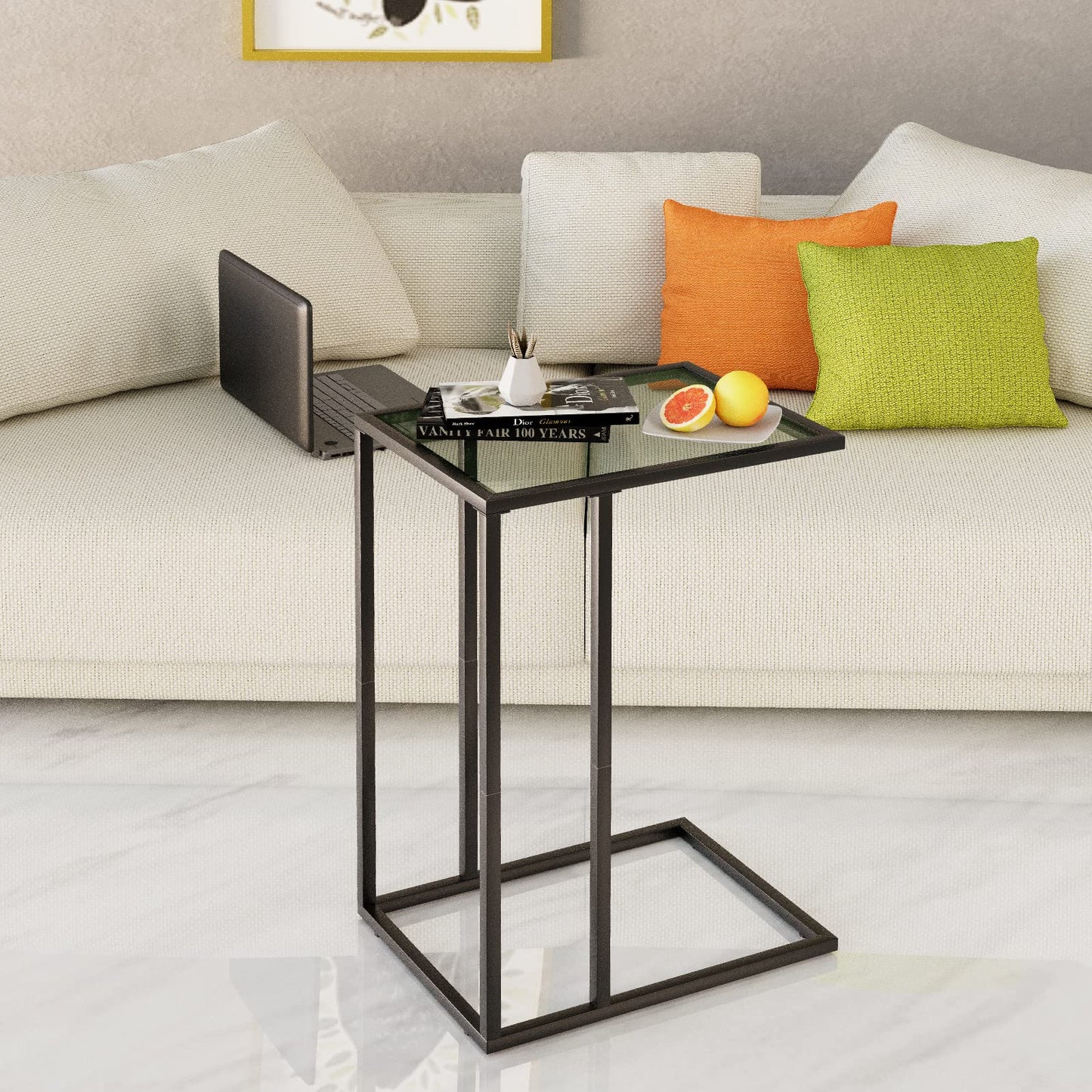 C Shaped End Table Set of 2, Sofa Couch Side Table, Tempered Glass Snack TV Tray Table with Metal Frame for Small Space,Living Room, Bedroom, Bedside,Modern Style, Black,2PCS
