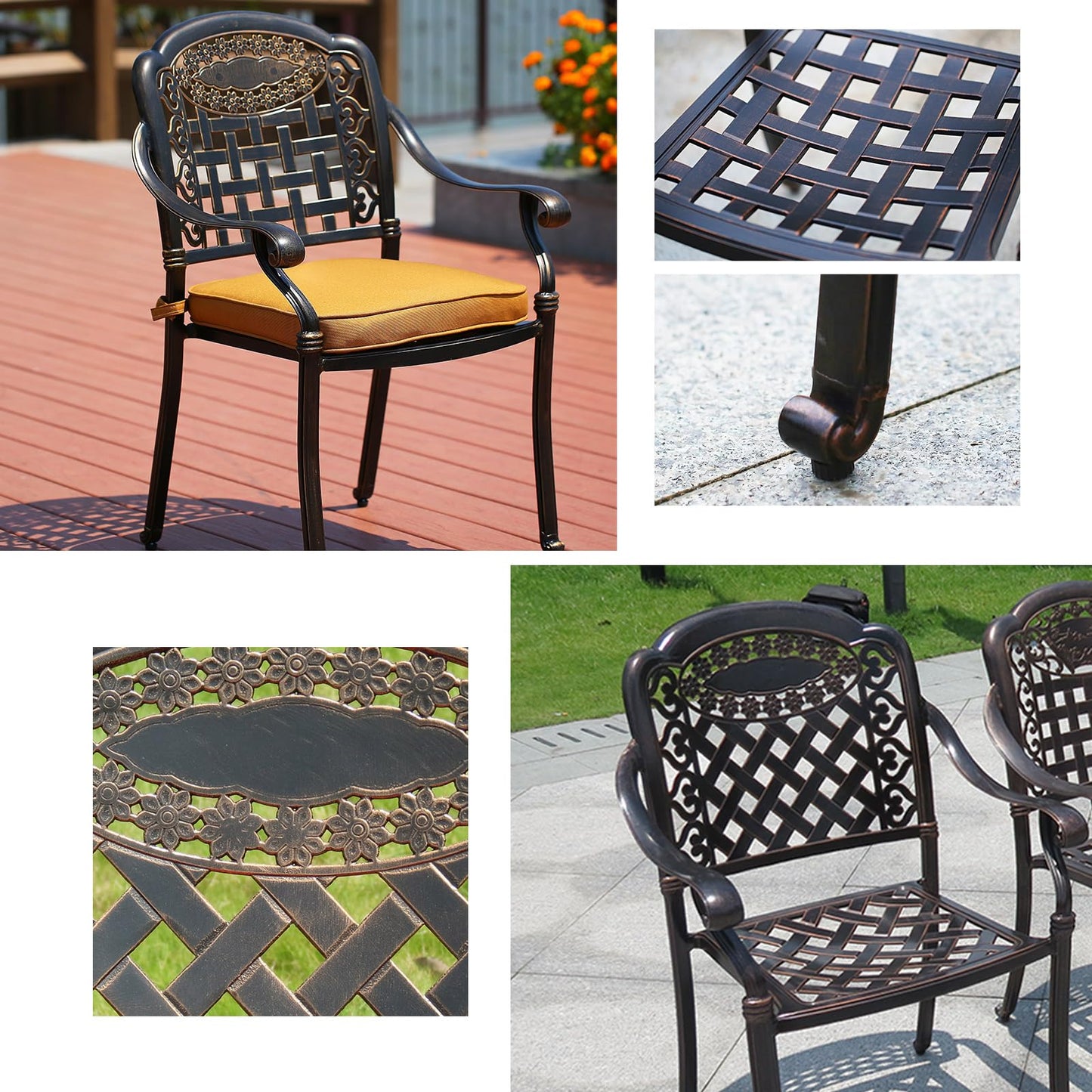 FAPOLITE Outdoor Dining Chair Cast Aluminum Patio Chairs Set of 2 All-Weather Patio Dining Chair with Adjustable Feet for Backyard Garden (Muran Chair)