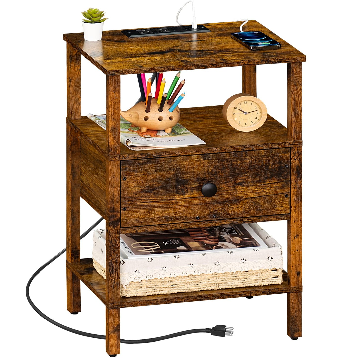 Lerliuo Nightstand with Charging Station and USB Ports, 3-Tier Storage End Table with Drawer Shelf, Night Stand for Small Spaces, Wood Bedside Table for Living Room, Bedroom - Retro Brown…