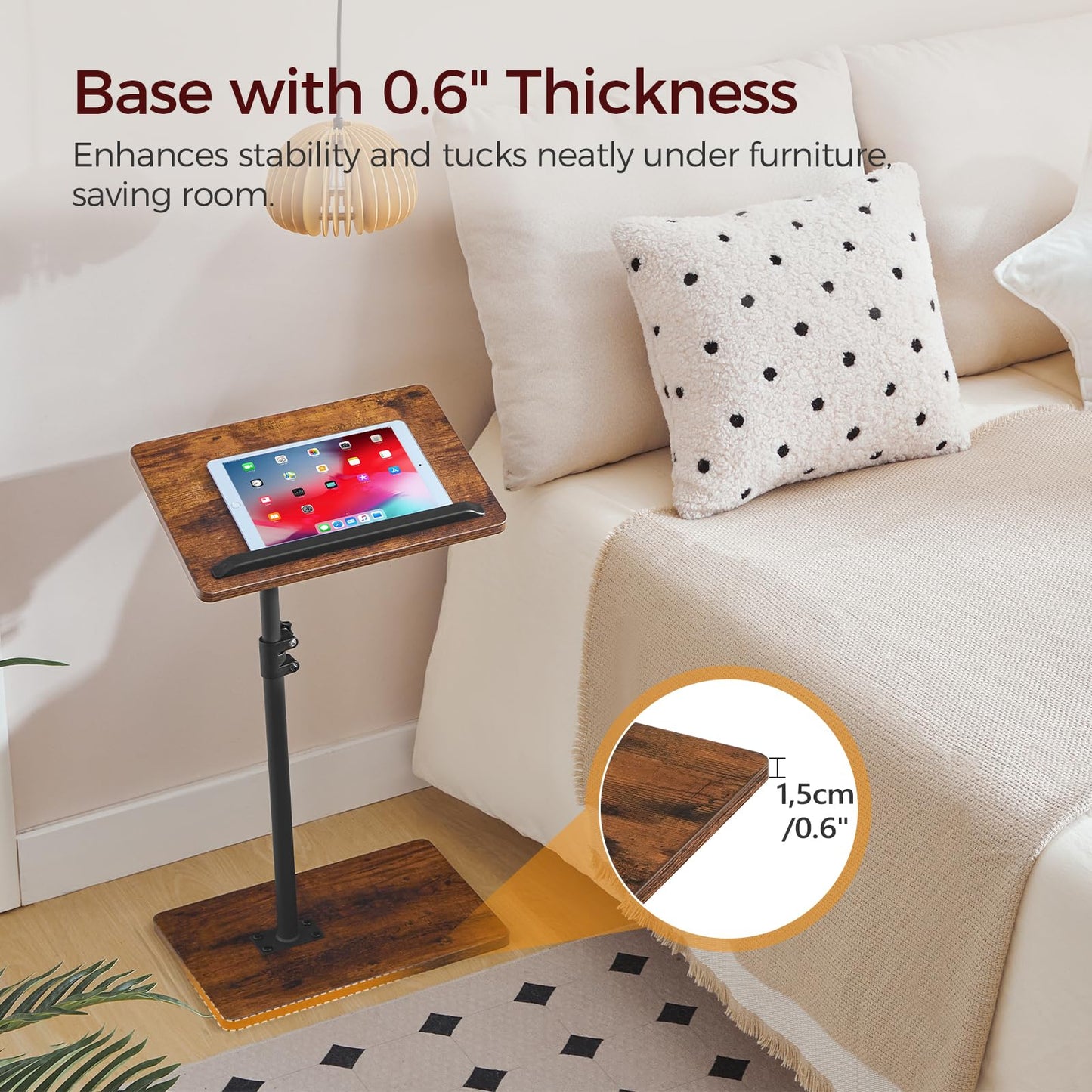 MAHANCRIS TV Tray Table, Sofa Armrest Tray Table for Couch, 360° Swivel Height Adjustable End Table, Snack Side Table with Phone and Tablet Slot, Rustic Brown ETRB4501