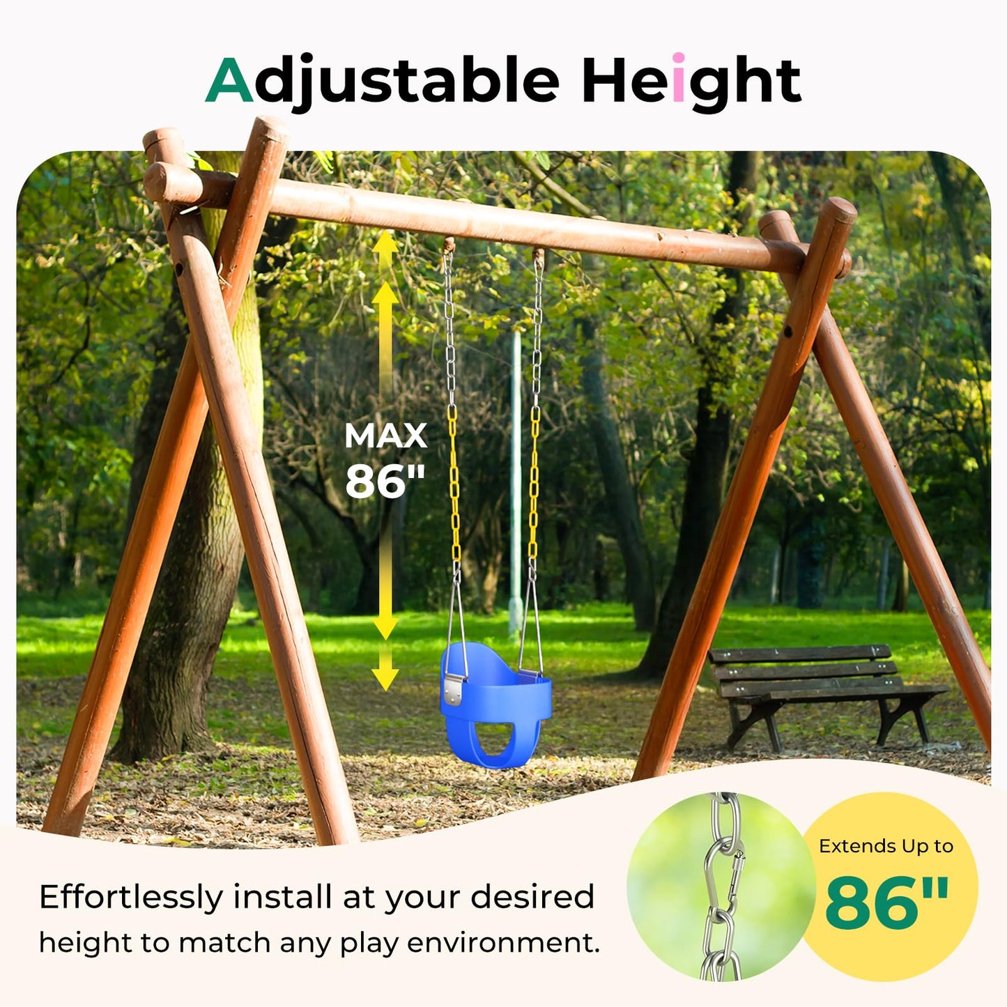 DECORLIFE Toddler Swing Seat, Outdoor Baby Swing with Coated Chains, Heavy Duty High Back Full Bucket Swing Chair with Ant-Loosening Carabiners, Fully Assembled Swingset Accessories for Backyard, Blue