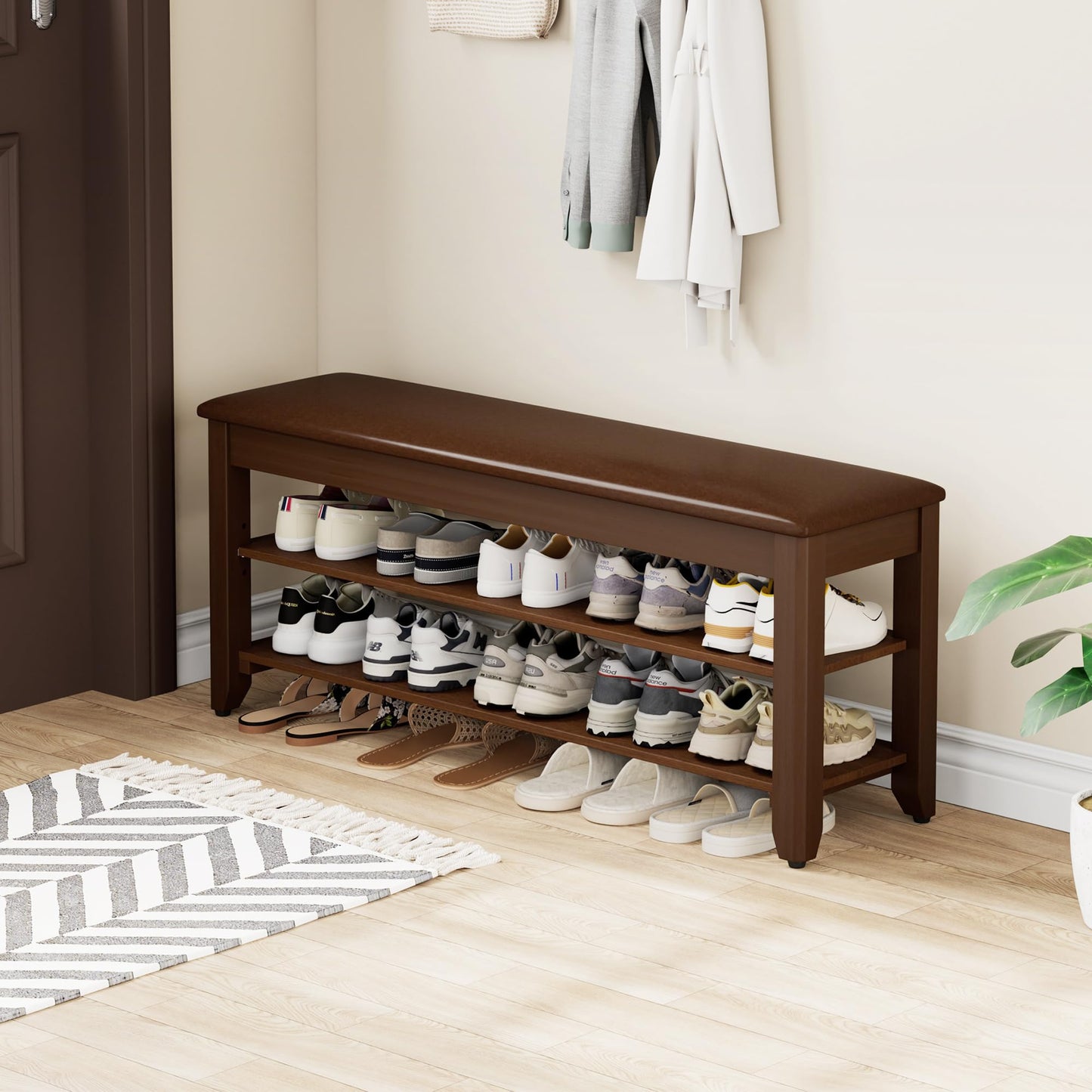 Homleke Shoe Rack Bench with Flip-Top Storage, Solid Wood Entryway Bench with Cushion, Adjustable Shelf, for Hallway, Mudroom, Closet – Walnut, 39.4"