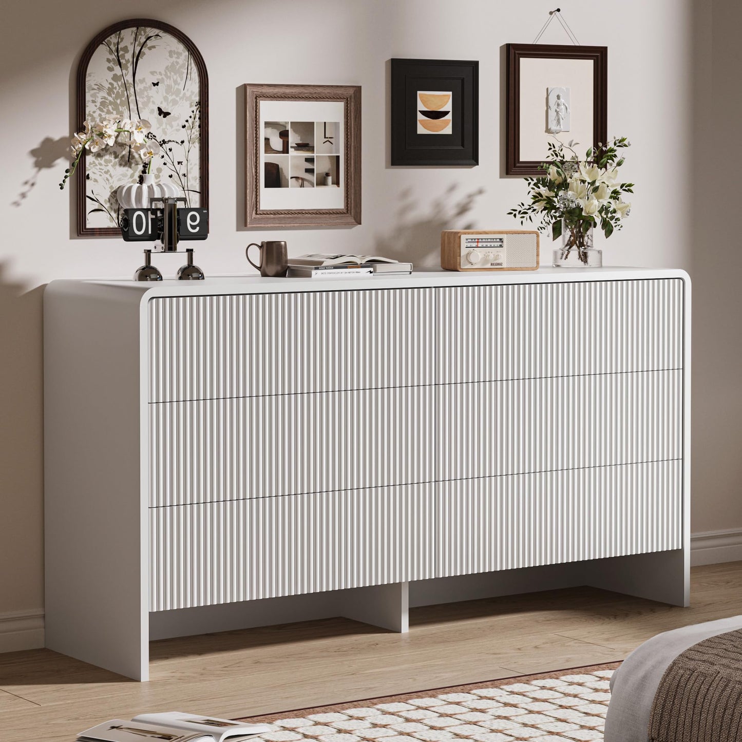 MAISONARIA 3-Piece Curved Dresser Bedroom Set, 6 Drawer Dresser & 2 Drawer Nightstands with Pop-up Design, Fluted Wood Chest of Drawers for Bedroom, Living Room, Entryway, White