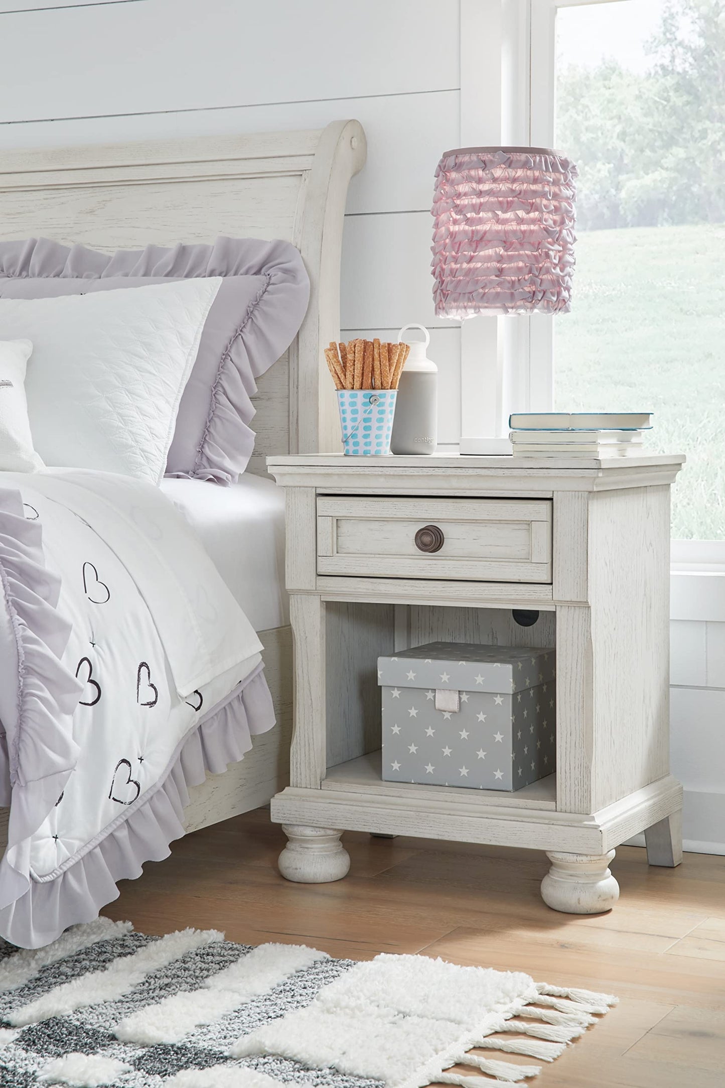 Signature Design by Ashley Robbinsdale Coastal 1-Drawer Nightstand with Cubby Storage, 26.75" Tall, White