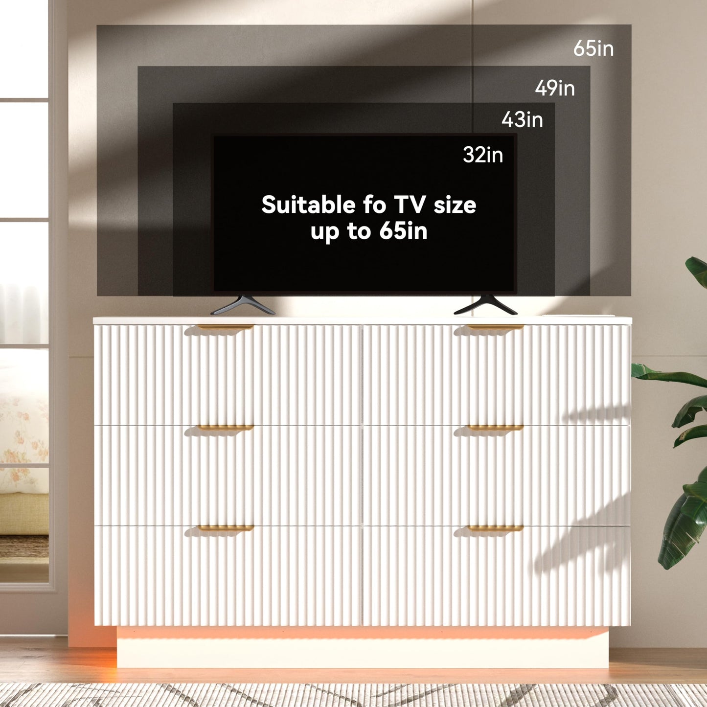 Fluted Dresser for Bedroom with 6 Drawers, 47" Wide Chest of Drawers with LED Light and Charging Station, Wood Drawer Organizer for Bedroom, Living Room, Hallway, Entryway