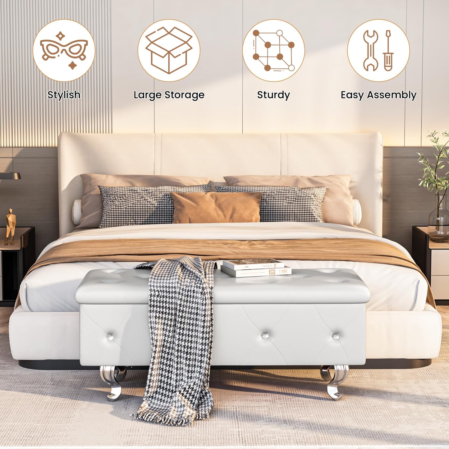 DKLGG Storage Ottoman Bench for Bedroom, Upholstered Entryway Bench with Legs & Safety Hinge, Small Storage Bench for Living Room/End of Bed/Entryway/Window, White