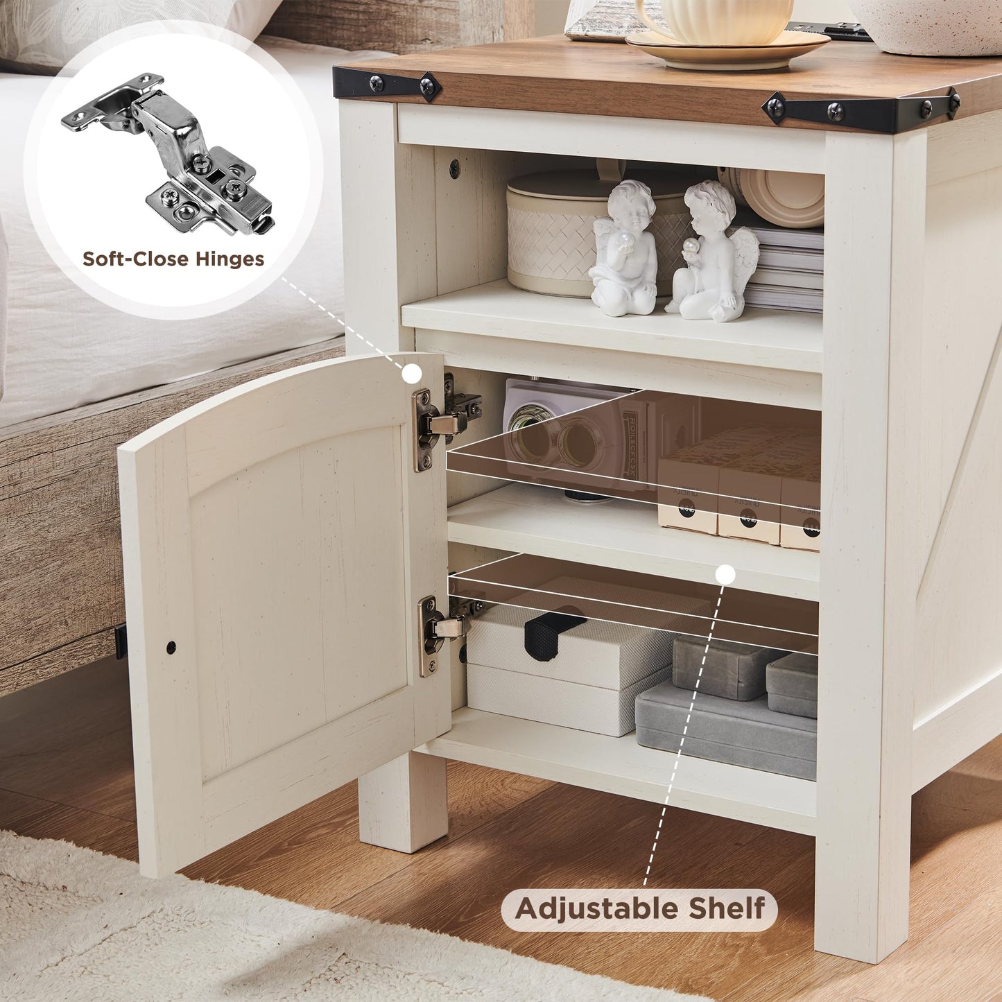 OKD Farmhouse Nightstand with Charging Station, 18" Rustic End Table with Adjustable Storage Shelf, Wood Rustic Wood Sofa Side Table for Bedroom