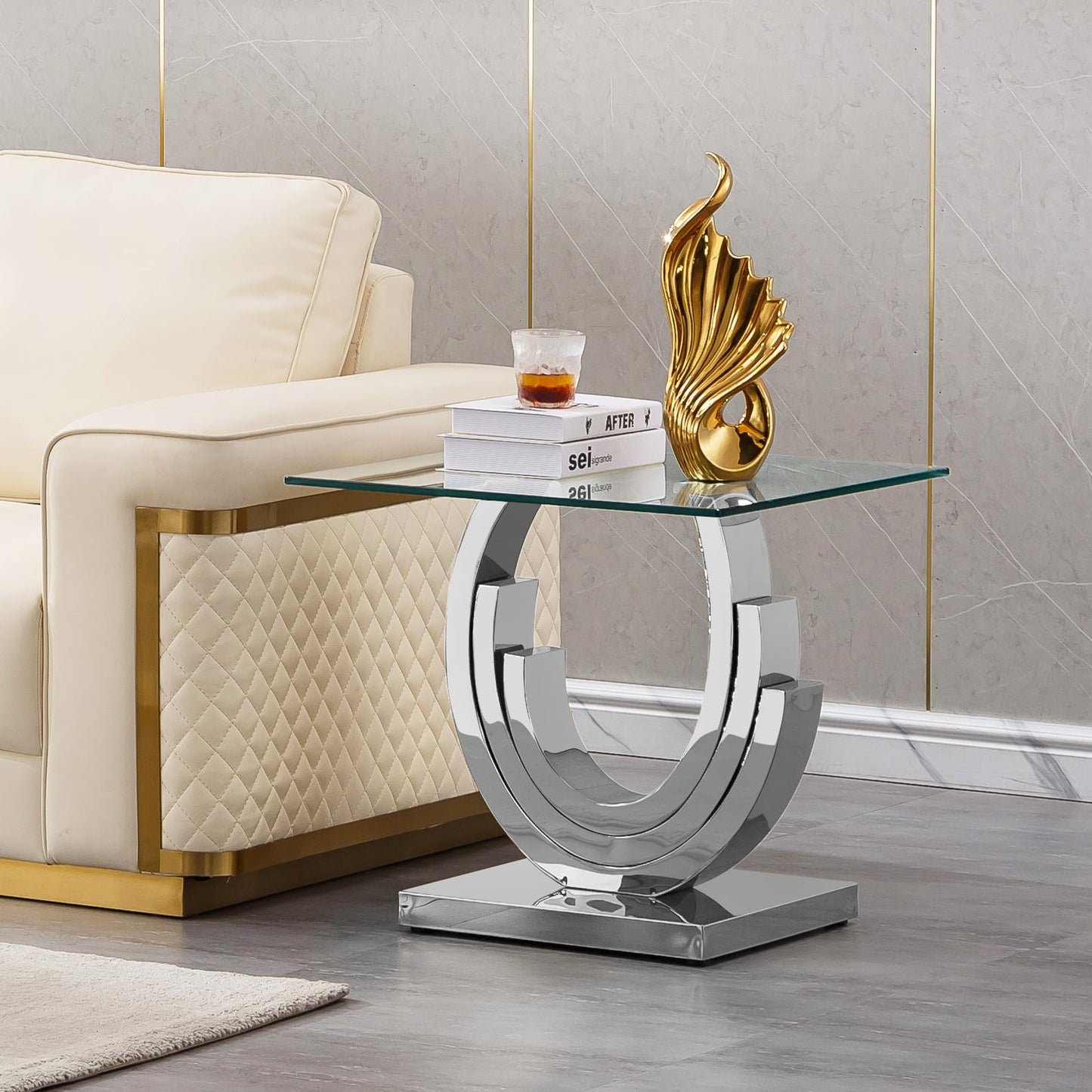 SSLine 1 Piece Living Room End Table Luxury Glass Side Table, Modern Silver End Table with Ring-Shape Stainless Steel Pedestal Base for Living Room Bedroom Office(1 End Table)