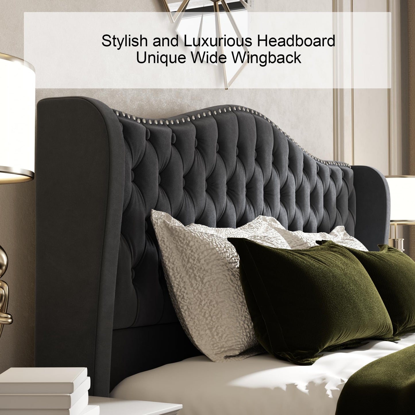 King Size Bed Frame with 51-inch Tall Camelback Headboard, Velvet Upholstered Platform Bed with Deep Button Tufted Footboard & Nailhead Trim Wingback Grey