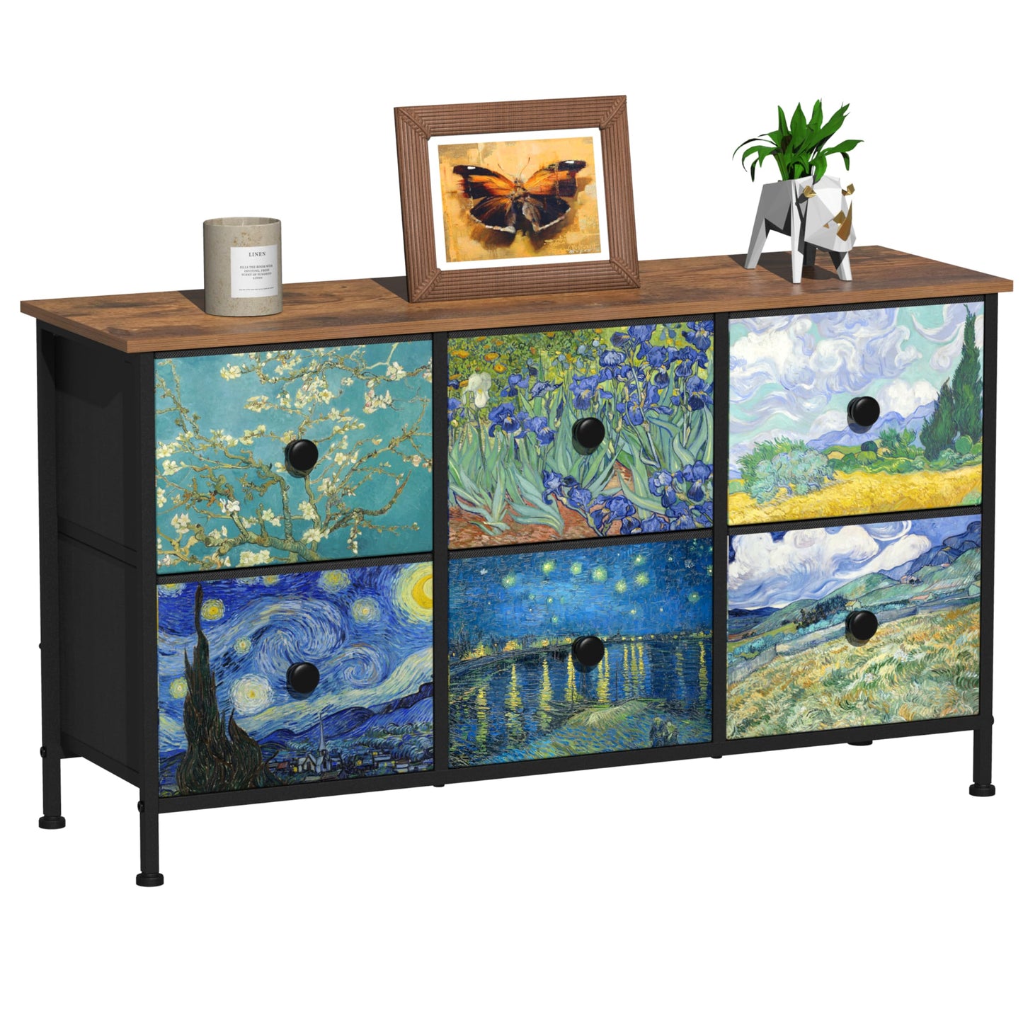EXOTICA 6 Drawer Dresser for Bedroom Van Gogh Chest of Drawers Wide TV Stands Fabric Storage Drawer Unit for Living Room Entryway Closet Sturdy Steel Frame Wood Top