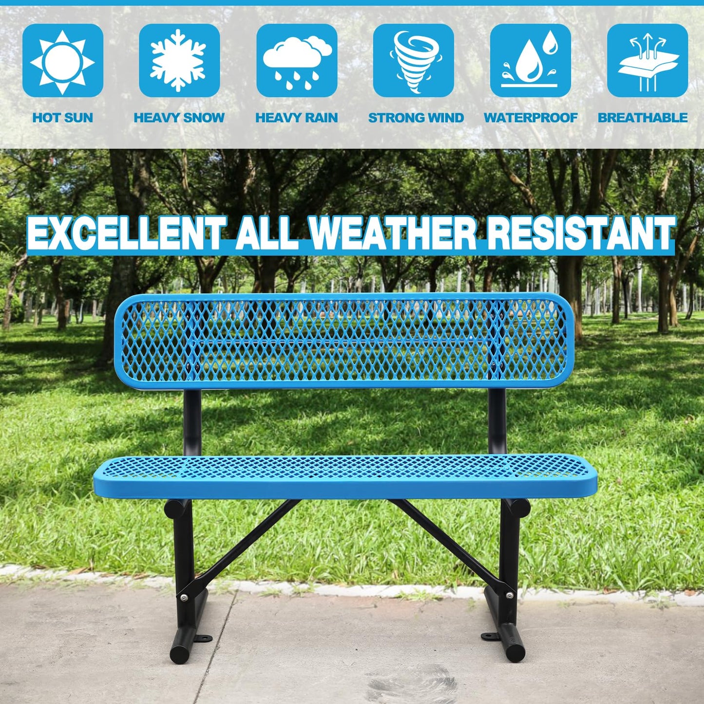 4Ft Outdoor Bench with Back Portable Frame, Outdoor Steel Park Bench with Backrest, Expanded Metal Mesh Bench for Outside, Lawn, Backyard, Park, Garden, Patio, Porch, Bule