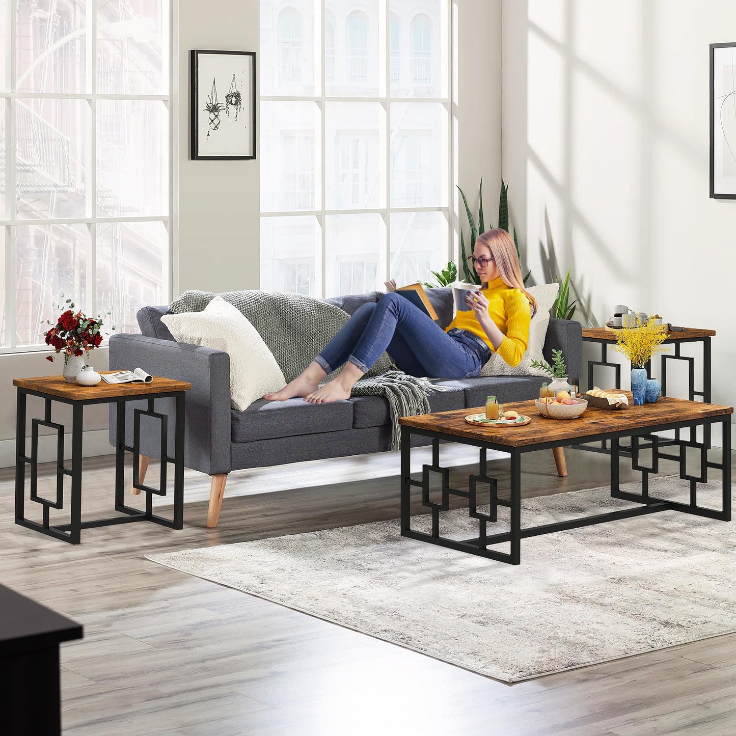 Recaceik Coffee Table Set, Coffee Table & Two End Side Table, Modern 3-Piece Living Room Table Set for Office, Living Room, Apartment, Small Space, Easy Assembly Furniture, Rustic Brown
