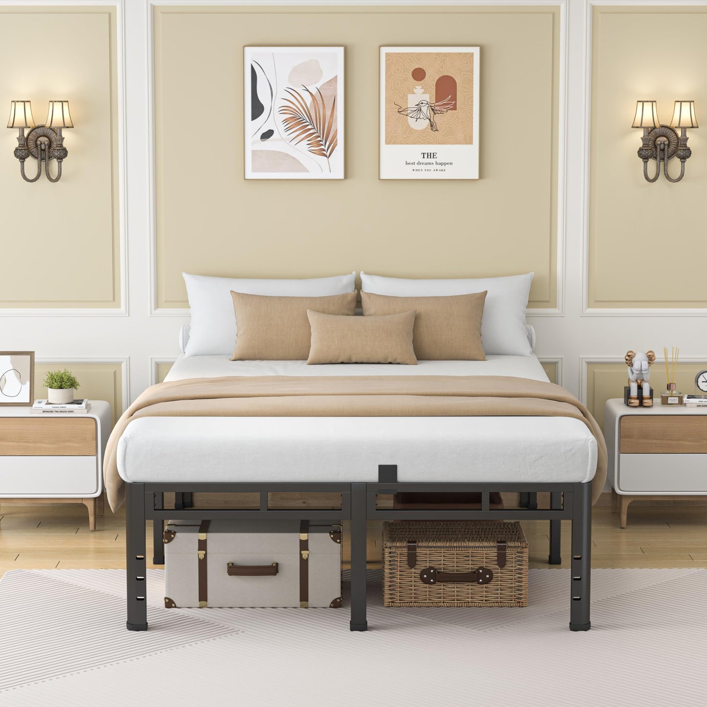 NKZ 22 Inch King Size Bed Frame, Metal Bed Frame & Box Spring 2 in 1 Platform with Round Corner Legs, 4000Lbs Heavy Duty Metal Frame, Mattress Slide Stopper, Headboard Hole, Noise-Free, Easy Assembly