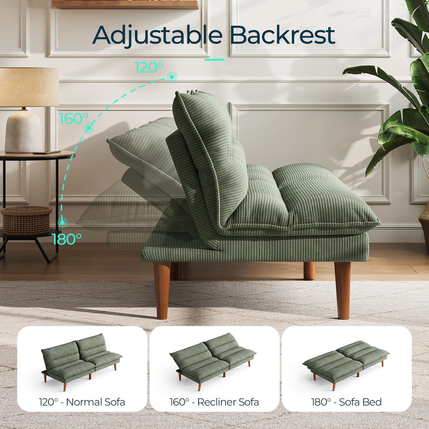 LINSY HOME Futon Sofa Bed - Convertible Corduroy Futon Couch Bed with Adjustable Backrest, Modern Small Loveseat Sleeper Sofa for Small Spaces, Living Room, Apartment or Office (Green)