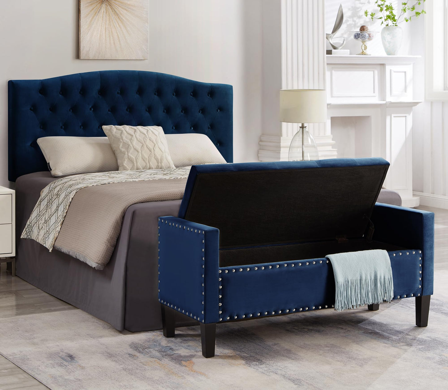 Favfurish Velvet Storage Ottoman with Armrests and Nails Trim,Entryway Living Room Soft Padded Seat,Bed Bench Bedroom End of Bed,Navy (48”L X 18.5” W X 22” H)