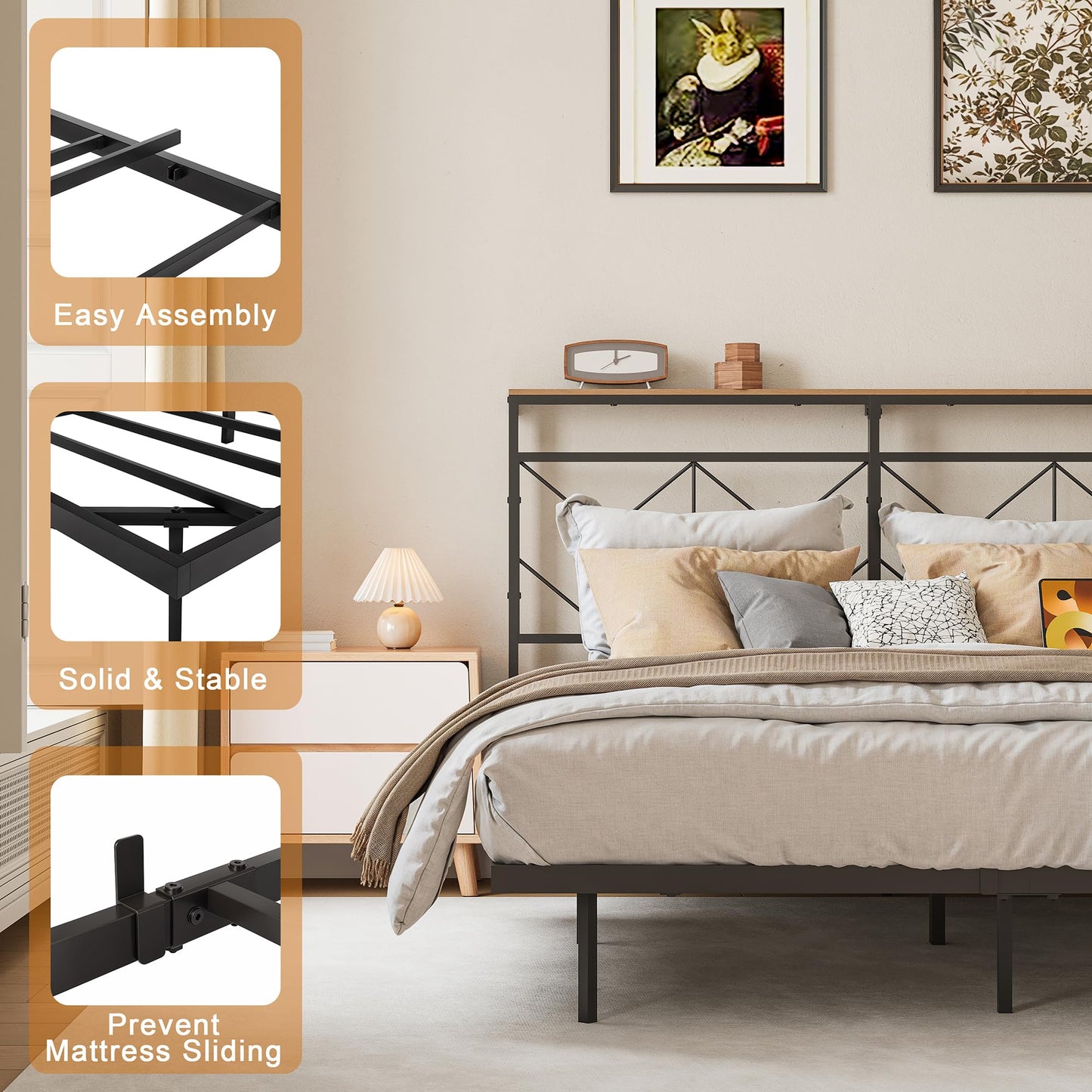 HAUSOURCE Full Size Floating Bed Frame with Storage Headboard Metal Platform Bed Frame with LED Lights and Charging Station Easy Assembly No Box Spring Needed