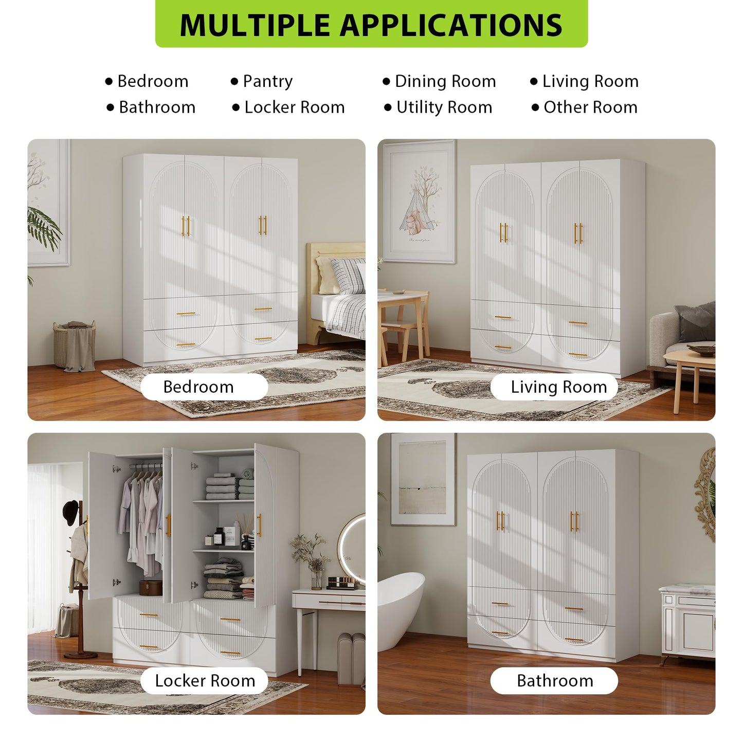Keloyid Wardrobe Armoire Closet with 4 Door, 3 Shelves, 4 Drawers and 1 Hanging Rods, Wooden Closet Storage Cabinet for Bedroom, White