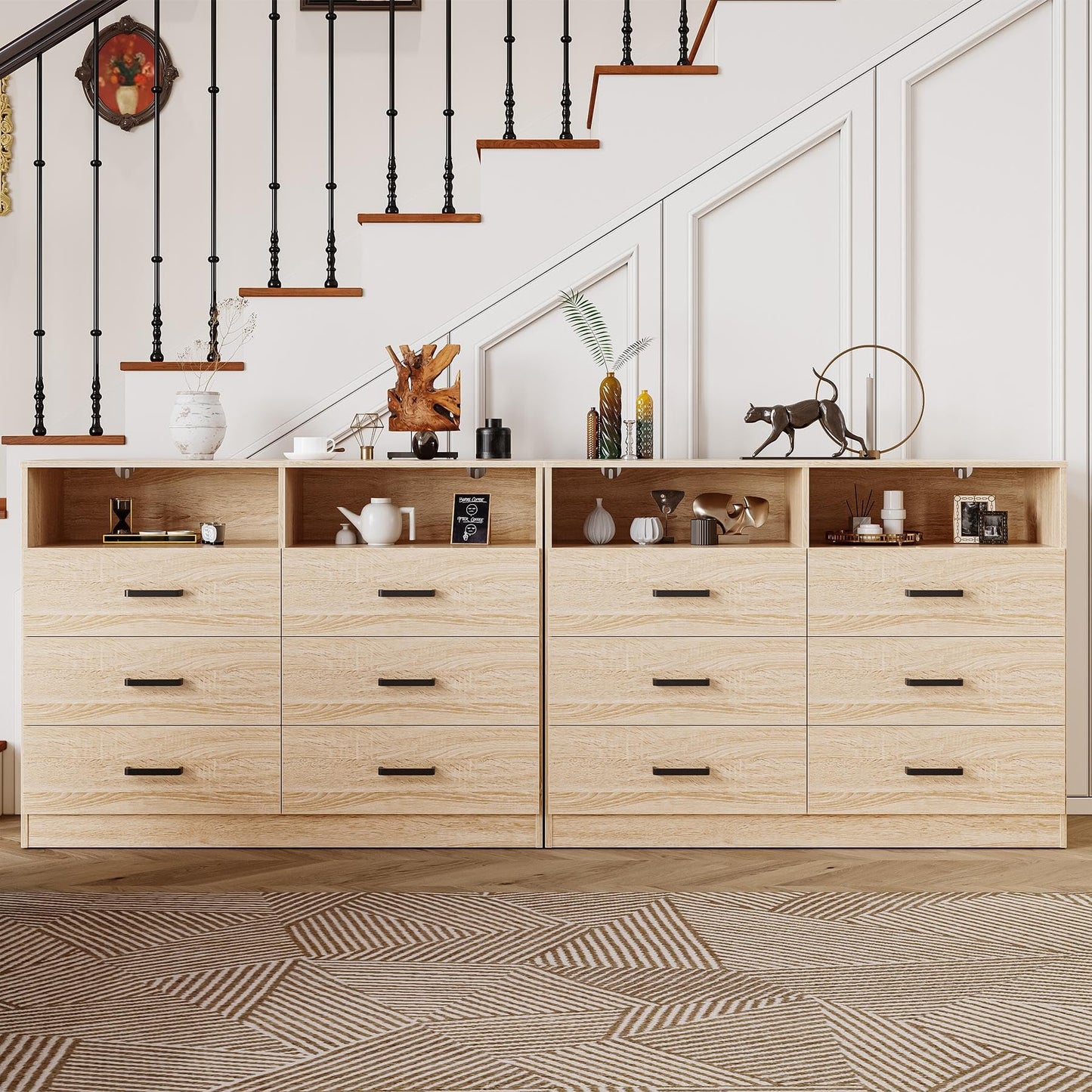 Bigbiglife 6 Drawers Dresser for Bedroom Wooden Drawer with Open Storage Cubby, Double Wide Dresser Organizer for Bedroom, Living Room, Entryway, Hallway (Light Oak)