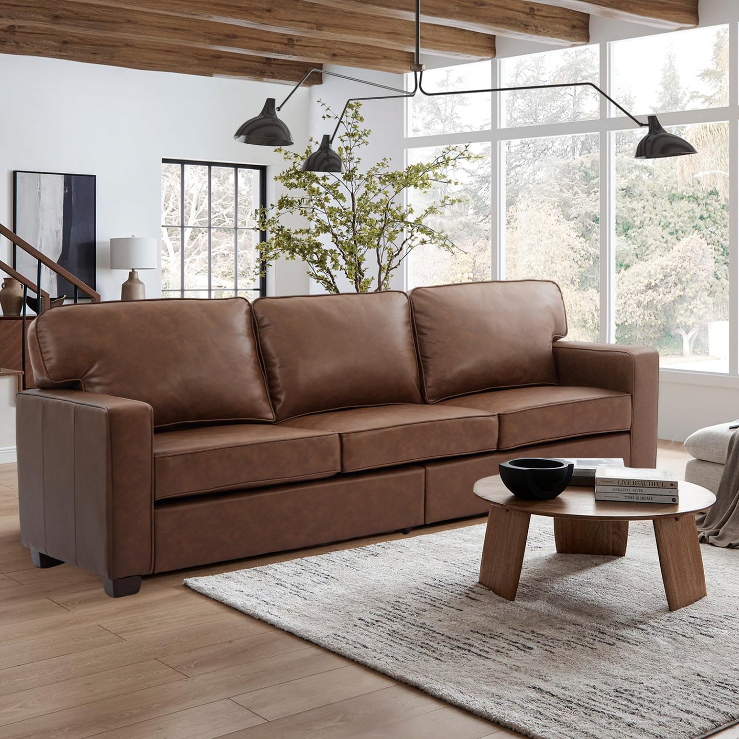 HXZDZ 83" PU Faux Leather Couch, Mid-Century Modern 3-Seat Sofa with Solid Wood Legs for Living Room, Bedroom, Office, Brown