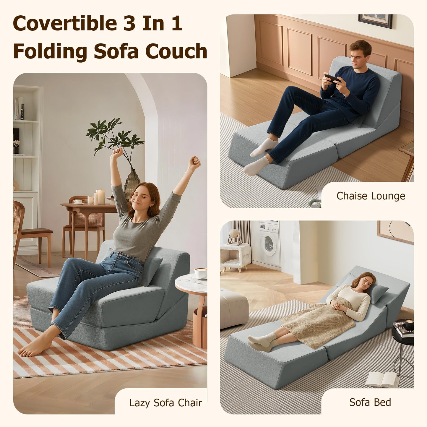 BAMOOLI Sleeper Sofa Bed, Convertible Fold Out Couch, Comfy Alpaca Wool Fabric Portable Foldable Floor Mattress Sleeper Chair with Pillow, Foldable Floor Sofa Lounge for Living Room, Bedroom, Grey