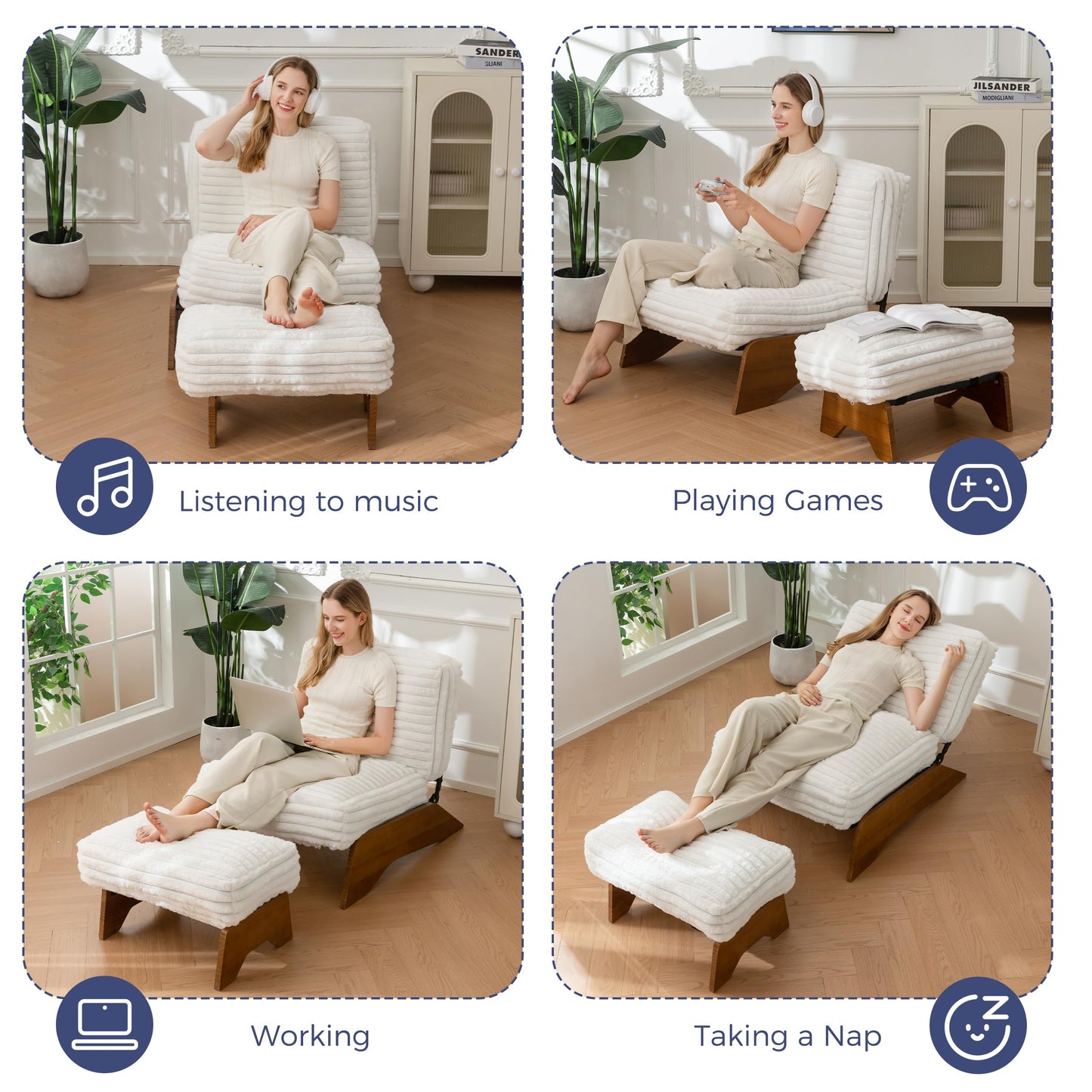 MAXYOYO Modern Adjustable Accent Chair with Ottoman, Upholstered Living Room Chair with Footrest Set, Soft Reclining Lounge for Bedroom, Apartment, Office, Beige