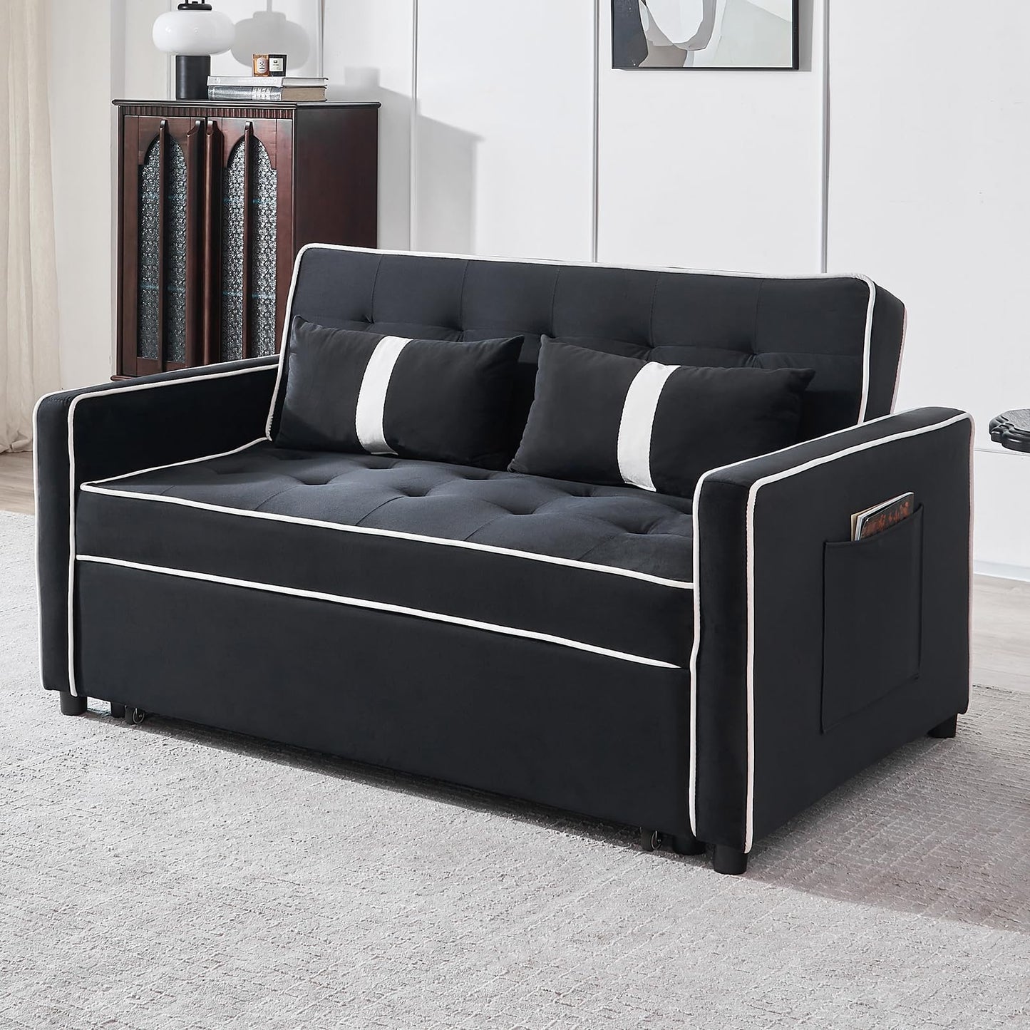 ECHINGLE 3 in 1 Sofa Bed Couch, Pull Out Sofa Bed with Adjustable Backrest, Sleeper Sofa for Living Room, Home or Office - Includes 2 Pockets and 2 Pillows,54.5"（Black）