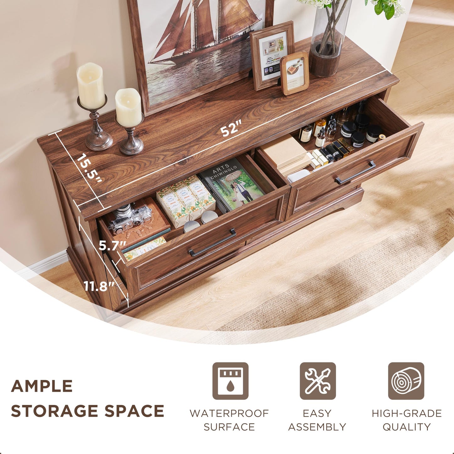 JXQTLINGMU Farmhouse 6 Drawers Dresser for Bedroom, 52'' Wide Large Wood Dressers with Bar Handles, Chests of Drawers with Storage Dressers Organizer for Bedroom, Hallway Off White