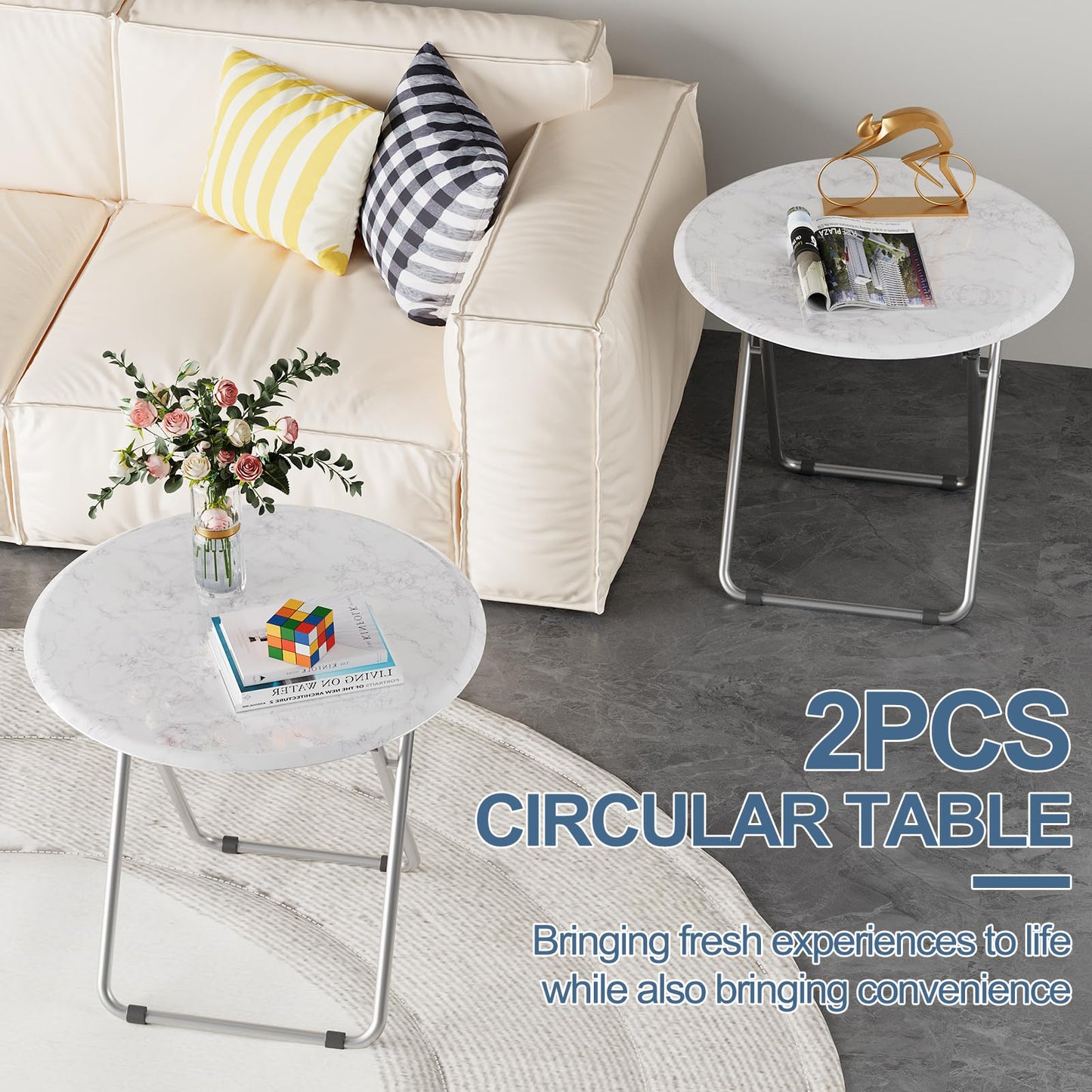 Fleecy day TV Tray Table, Round Folding Table, Foldable Snack Tray for Eating, Small Folding Table Set of 2, Dinner Table for Couch, Living Room, Small Space (White Marble, 2Pcs)