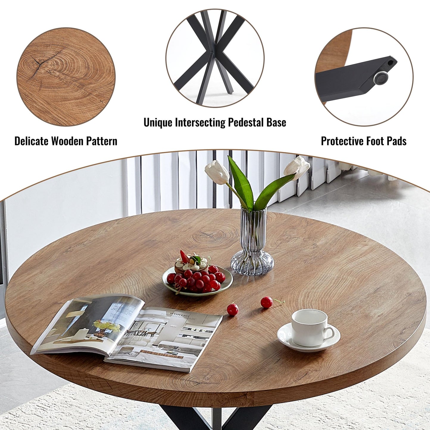 Pandolfini 37 Inch Round Dining Table Set for 4, Mid Century Modern Coffee Set for Dining Room Kitchen Apartment (Walnut Wood Color Table + 4 Dark Grey Chairs)