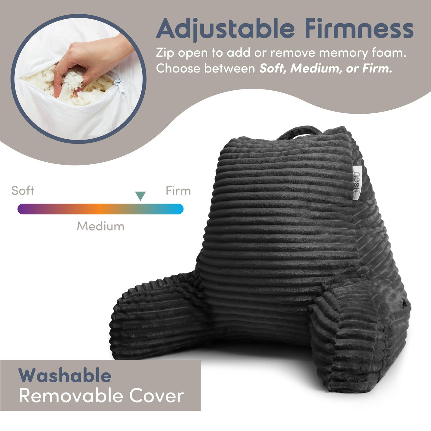 Nestl Reading Pillow with Shredded Memory Foam, Luxe Cut Plush Back Pillow for Sitting Up in Bed, Back and Arms Adjustable Support for Adult & Teens, Backrest Pillows with Washable Cover Dark Grey