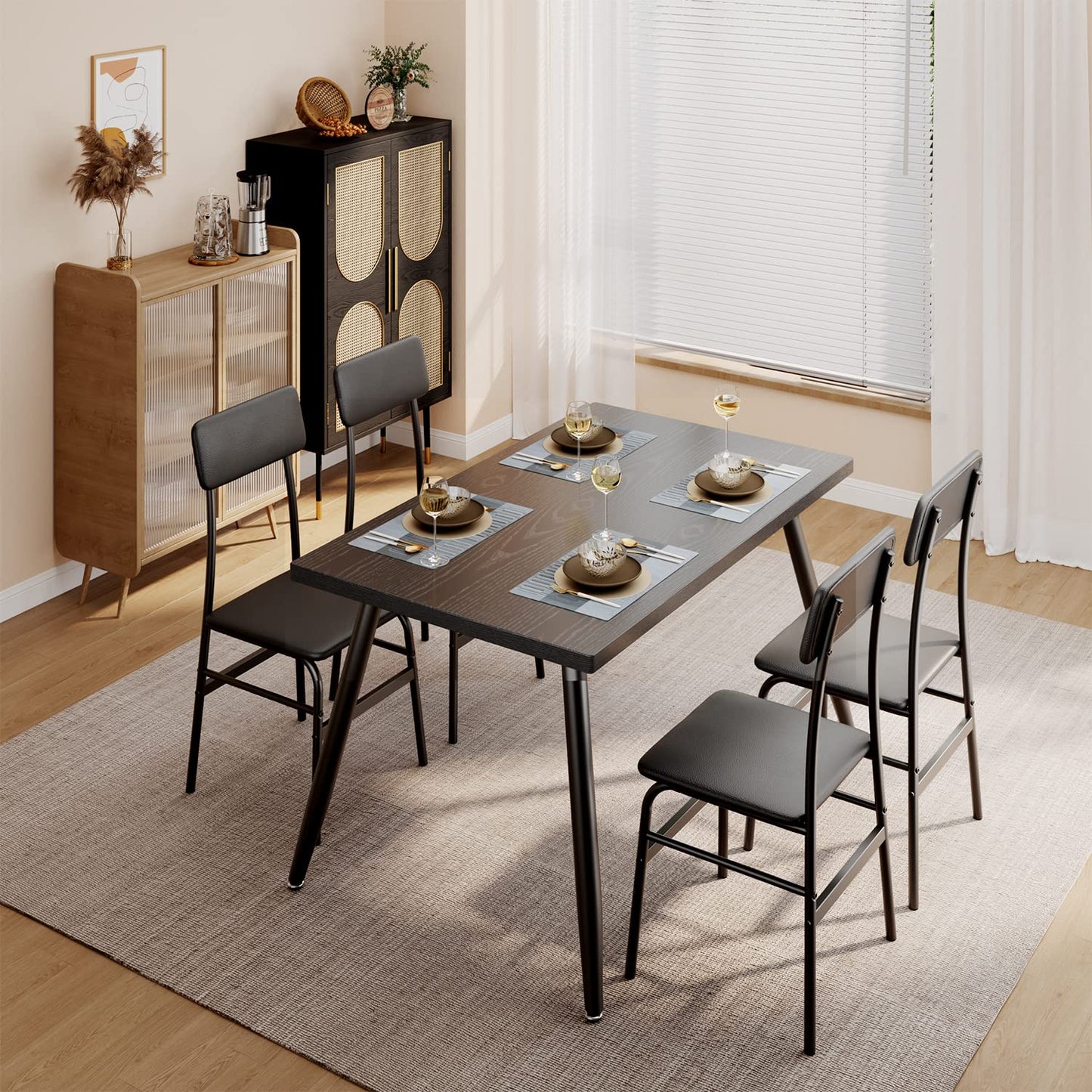 Gizoon 5 Piece Dining Table Set for 4, Modern Metal & Wood Kitchen Dinner Table with 4 Chairs, Space-Saving Dining Room Furniture Table & Chair Sets for Small Spaces & Apartment, Black