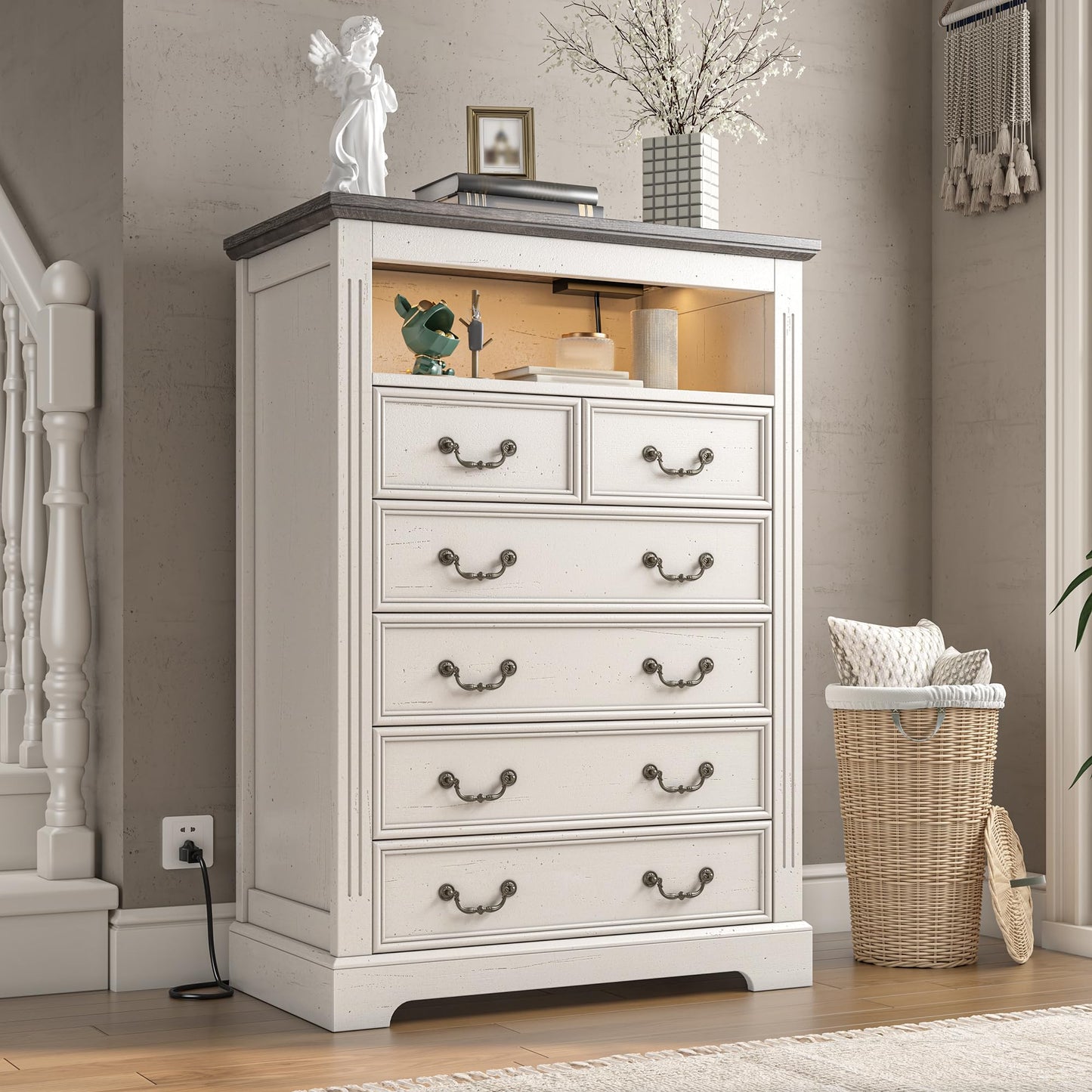 EnHomee Farmhouse 6 Drawer Dresser for Bedroom LED Light & Power Outlets, 48" H Wood Dressers & Chests of Drawers with Natural Texture, Hallway, Antique White