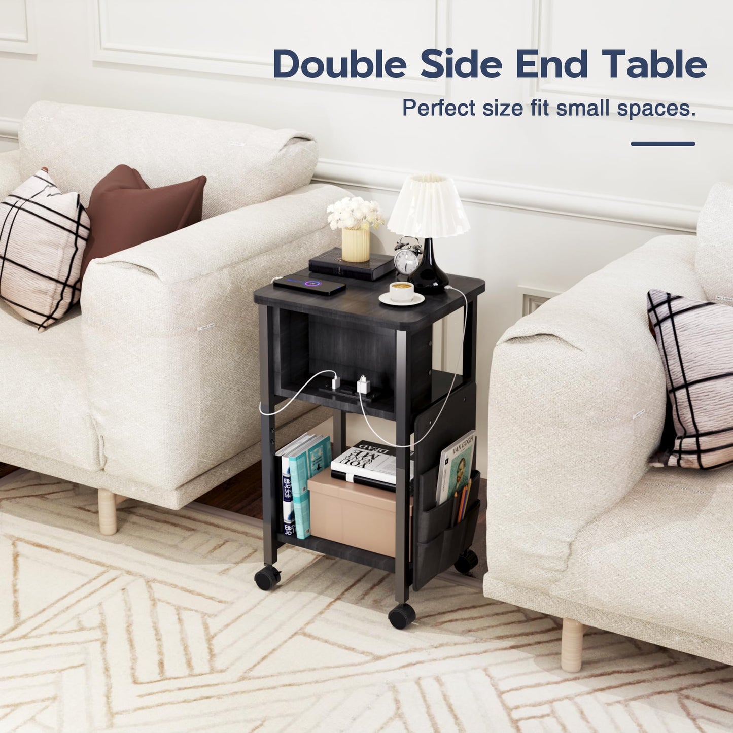 Merapi Small End Table with Charger, Side Table on Wheels, Mobile Nightstand with USB Ports, Black Sofa Side Table with Storage for Small Spaces, Living Room, Bedroom, Study, Home Office