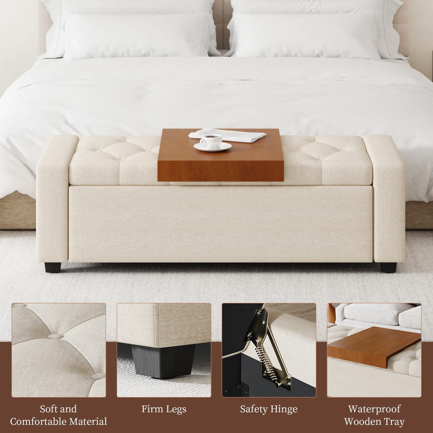 Atrtivoent 47" Ottoman Bench, Living Room Storage Bench with Removable Tray, Upholstered Tufted Window Benches, Ottoman Bench Seat with Storage for Bedroom, Entryway (Beige1, with Tray)