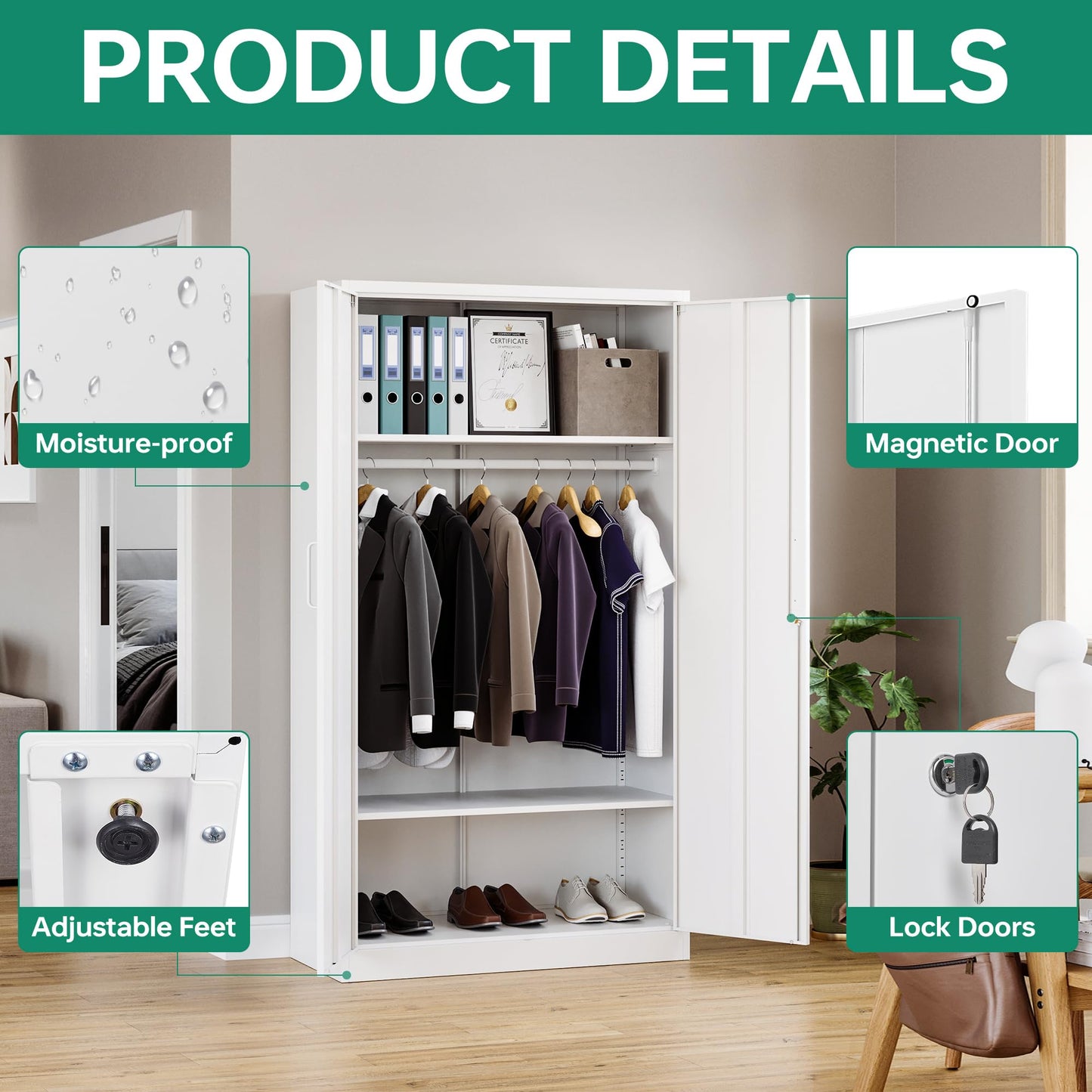 Letaya Metal Wardrobe Cabinets with Lock,Clothing Locker 72" X 36" X 18" Storage Cabinets for Home Room,Fire Department, School, Employee,Gym,Government (White)