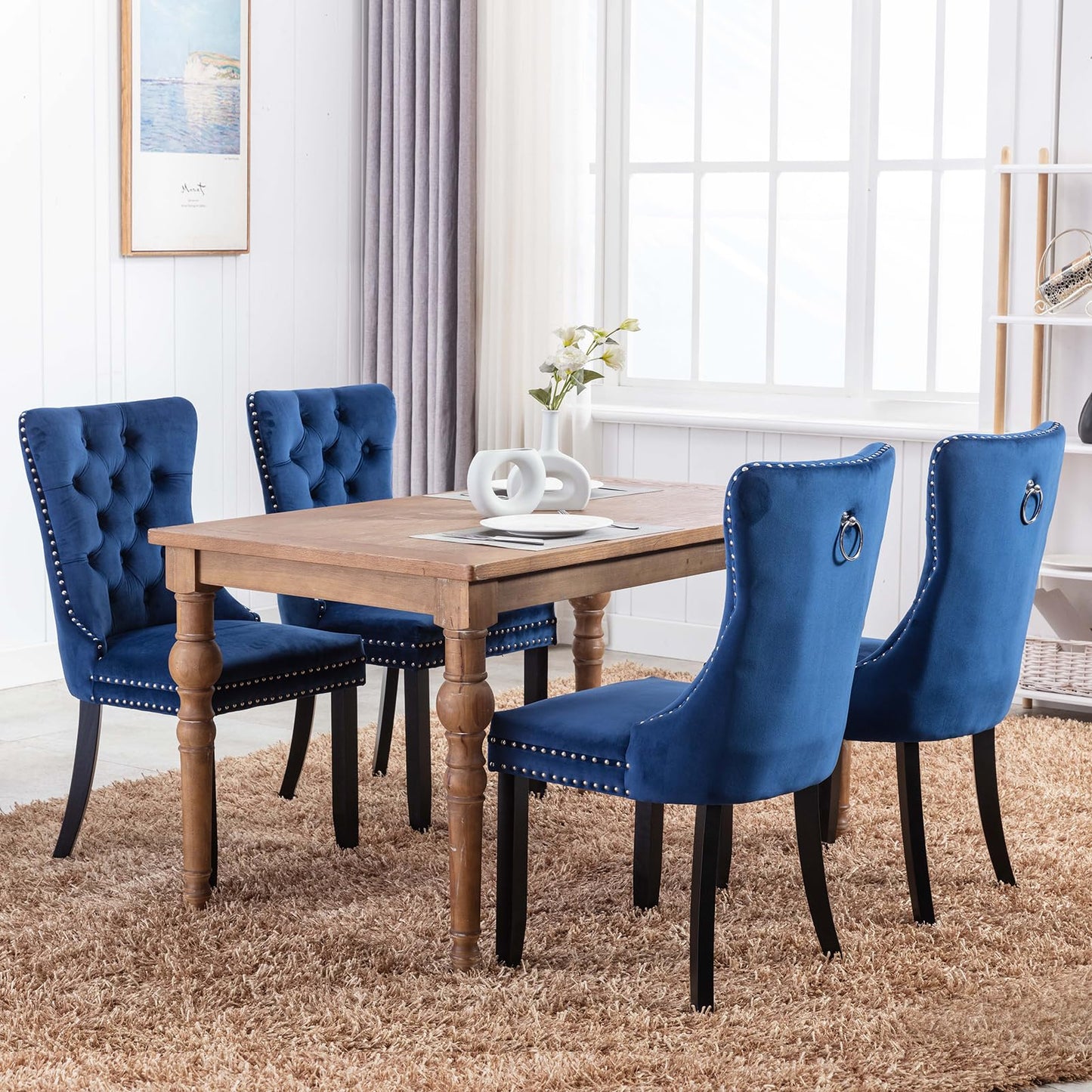 Hixkol Velvet Dining Chairs Set of 4,Upholstered Dining Chairs with Ring Pull Trim and Button Back,Modern Seating for Kitchen, Dining Room & Living Room(Blue)