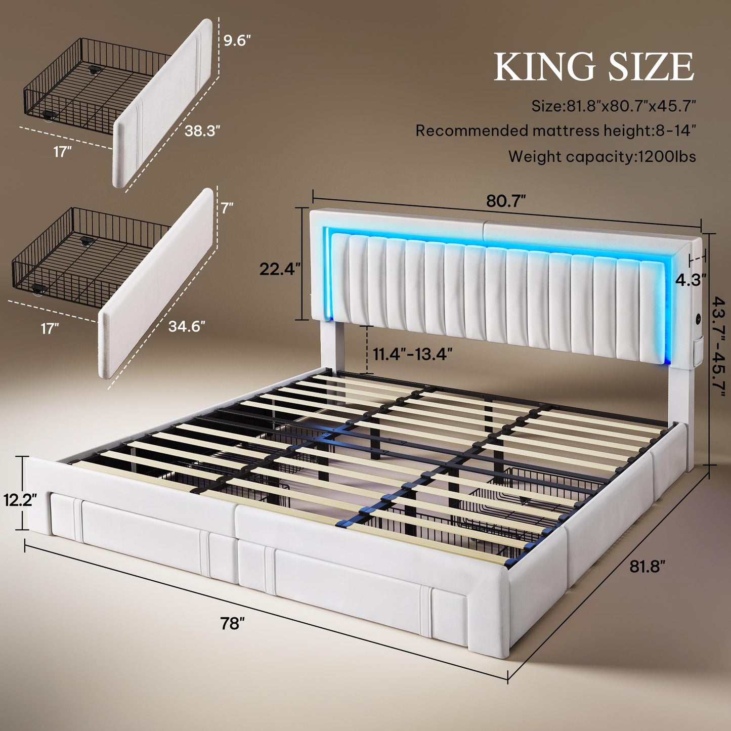 DWVO King Size Bed Frame with Adjustable Headboard, 4 Storage Drawers and RGB LED Lights, Velvet Upholstered Platform Bed with USB Ports, No Box Spring Needed, Fast Assembly, Noise-Free, White