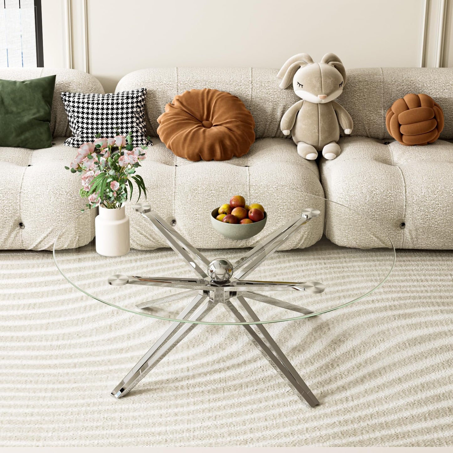 Julenshion Modern Glass Coffee Table, Round Clear Center Table with Tempered Glass Top & Silver Stainless Steel Base Ball Decor Table for Living Room Home Office, Chrome Finish