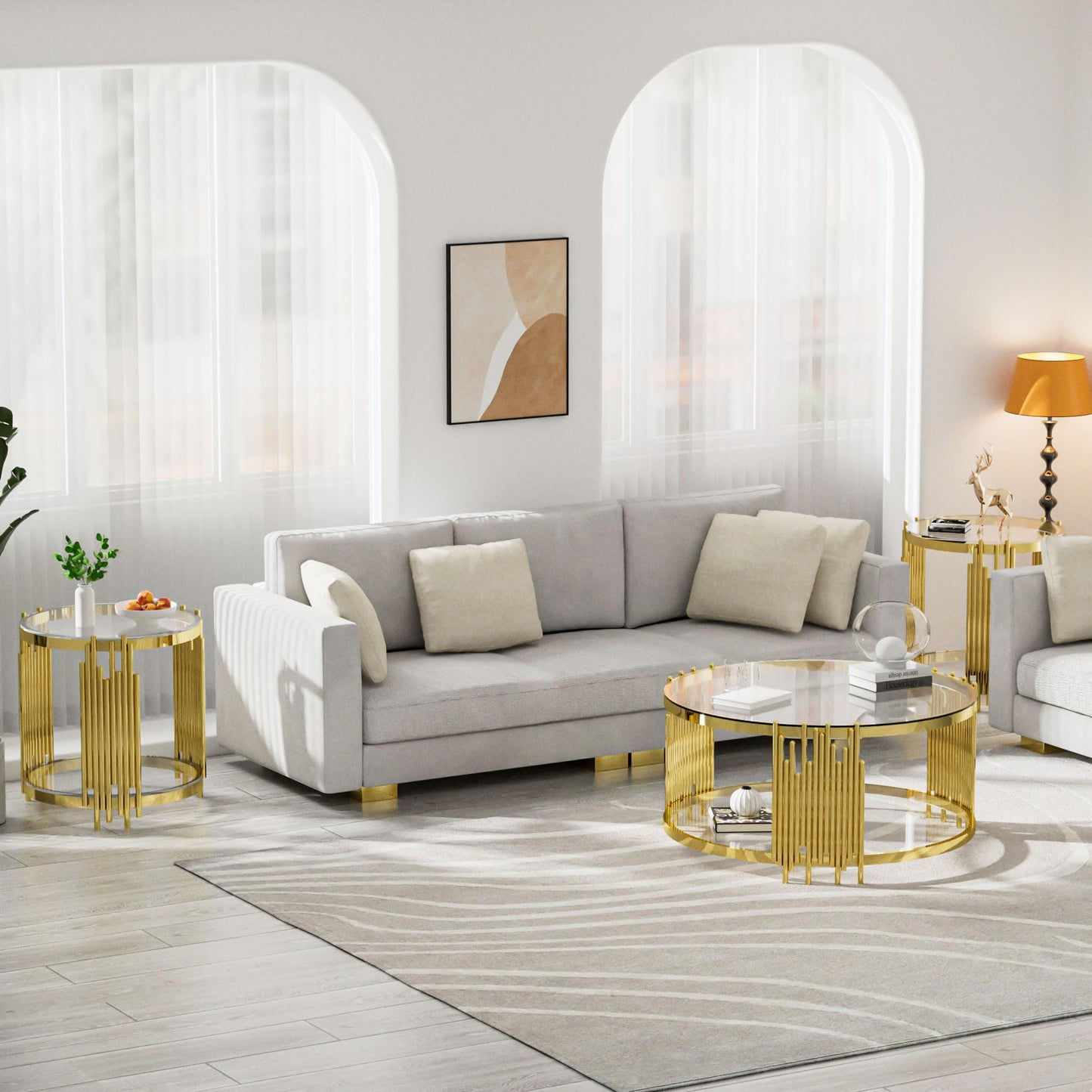 Glass Coffee Table Round Modern Living Room Table, Gold Stainless Steel Metal Leg Clear Tempered Glass, Sofa Center Tables Furniture for Home Office, Gold