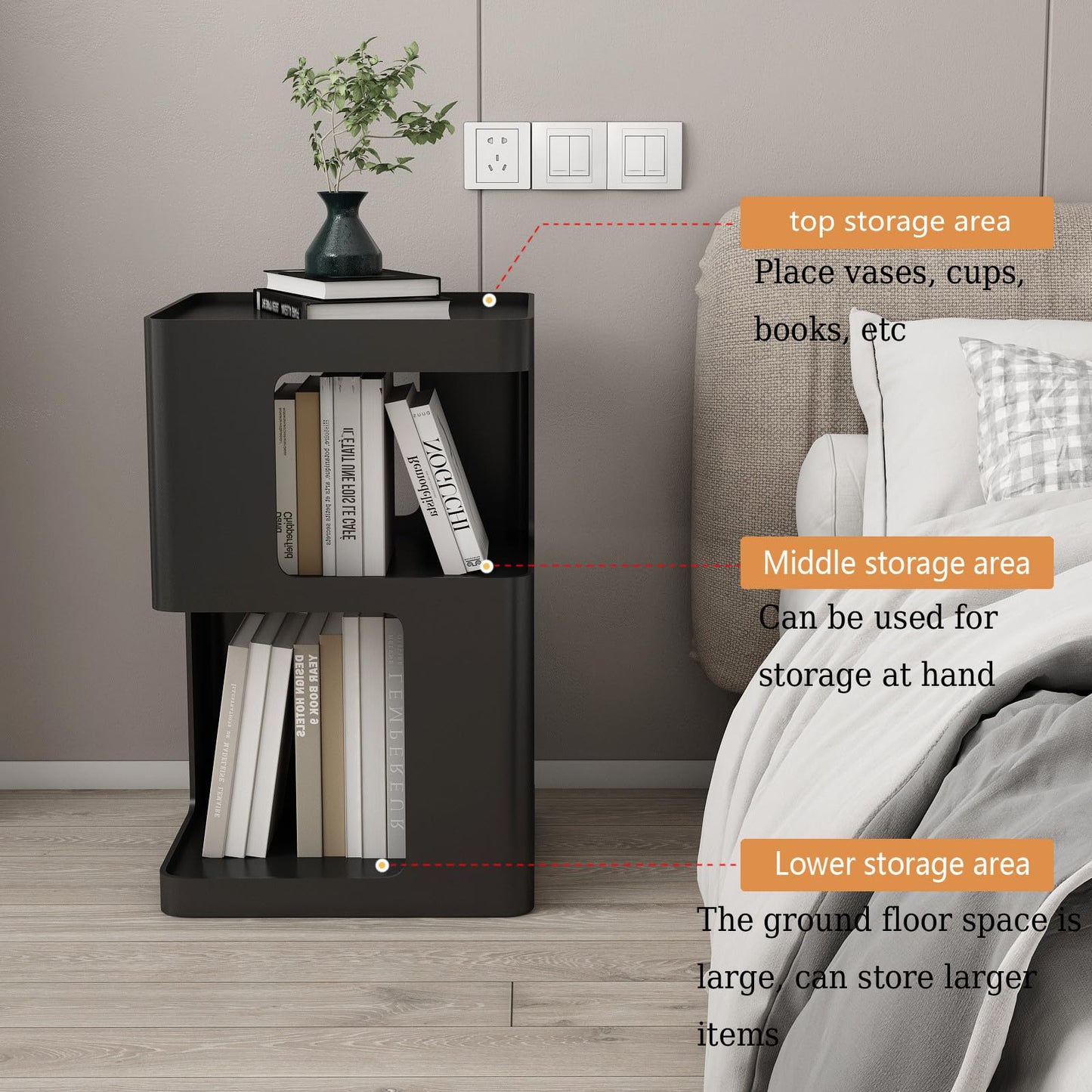 Black Side Table, Modern Nightstand Metal End Table for Living Room Bedroom,Square Bedside Table-3 Tier Storage,Not Assemble Required