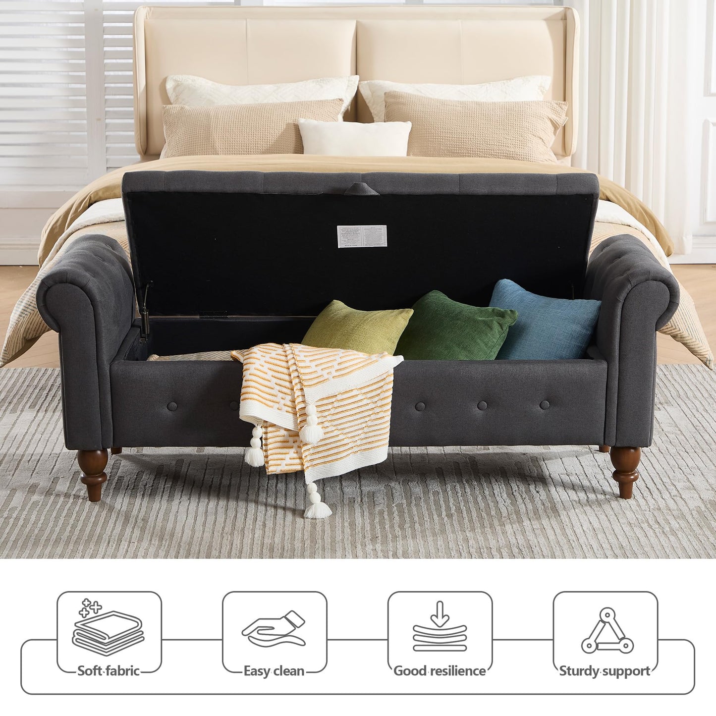 IHDKO 63'' Storage Ottoman Bench End of Bed, Bedroom Bench with Rolled Arms and Legs, Upholstered Ottomans with Storage King Size for Foot of Bed, Living Room, Apartment, Entryway