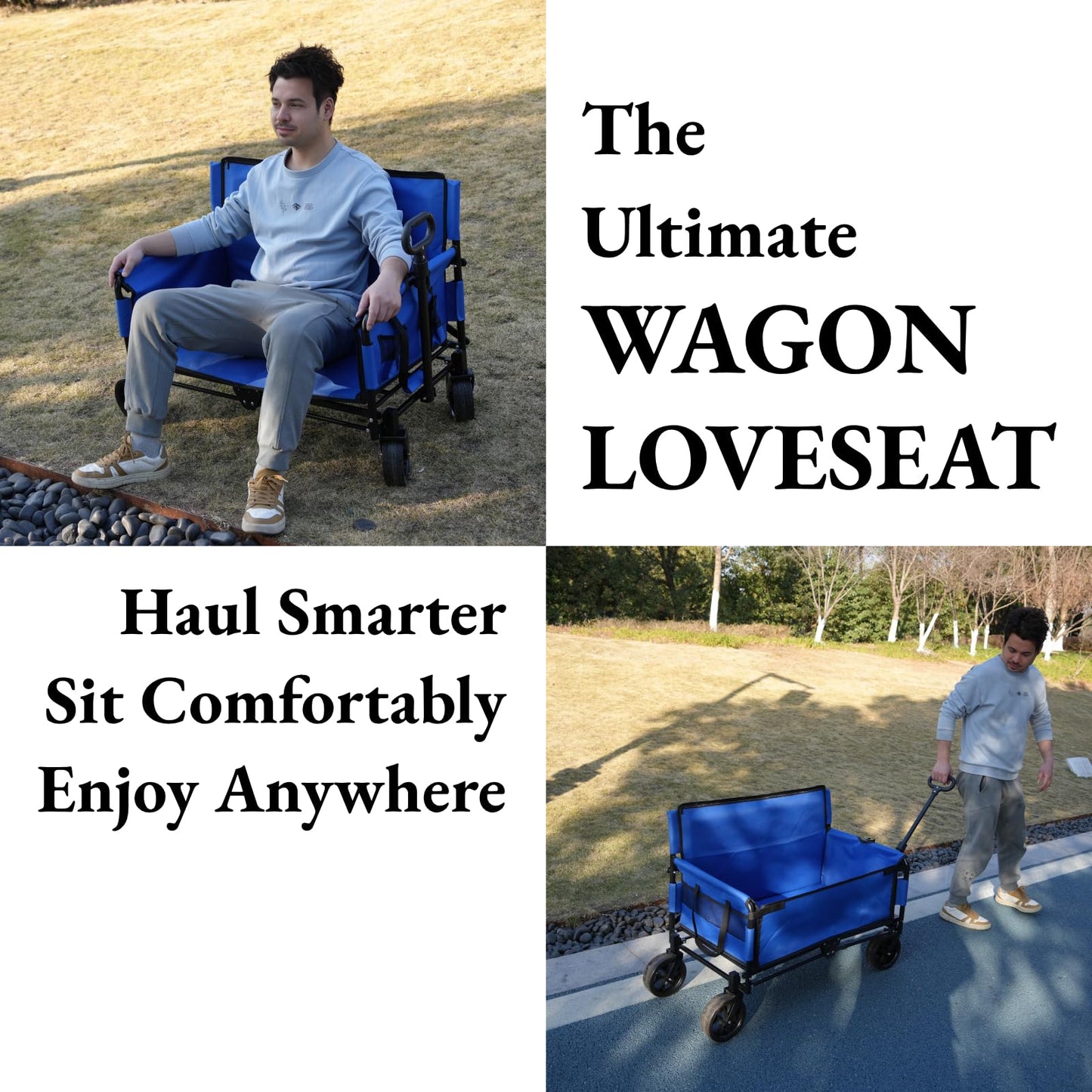 CRESTWALKER Wagon Love Seat with Tall Cushioned Backrest, Foldable Cart That Converts into a 2-Person Chair, 2-in-1 Wagon Bench Seat Combo for Adults (Blue)
