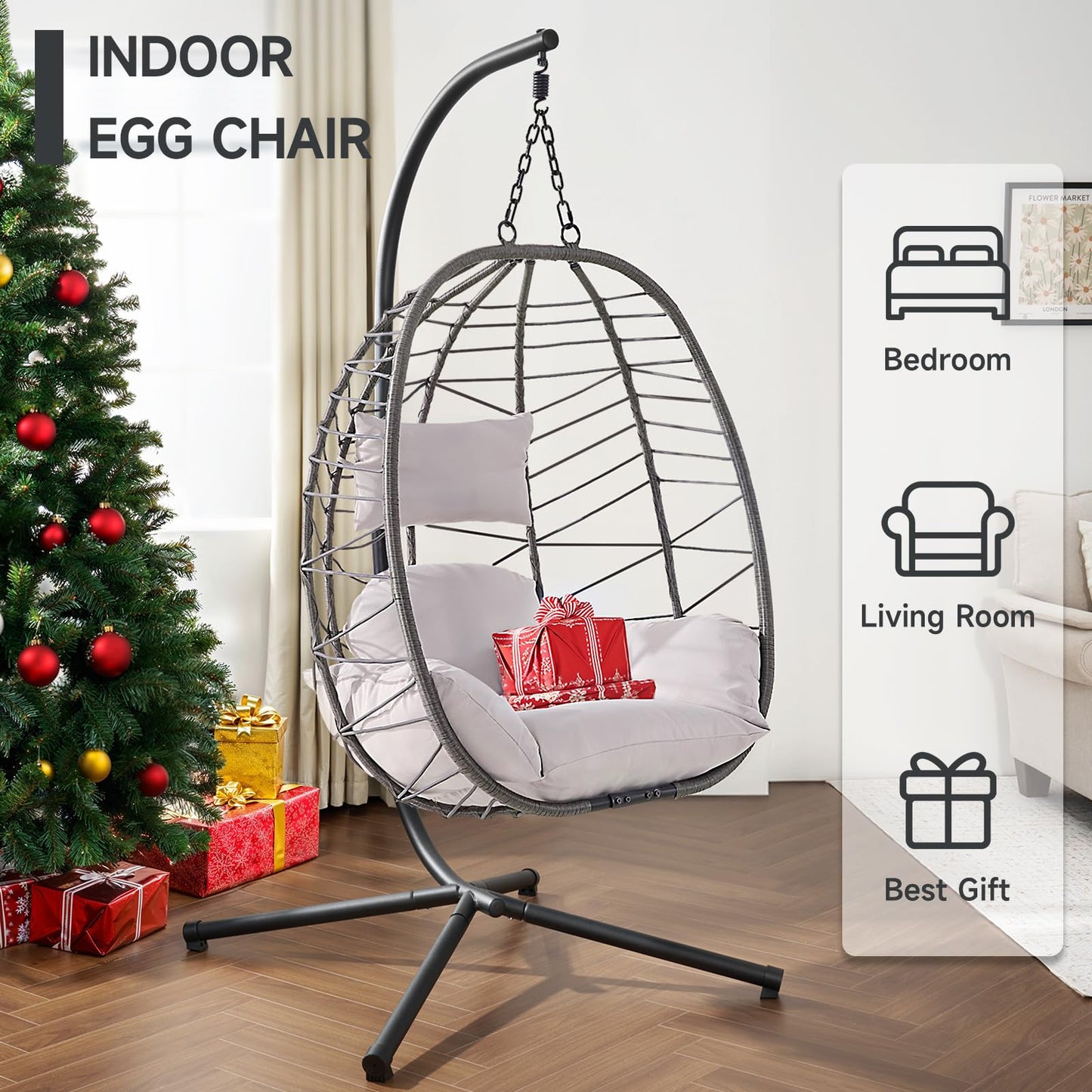 ONBRILL Hanging Egg Chair with Stand, Outdoor Indoor Egg Swing Chair with Cushion Headrest, Rattan Wicker Egg Chair with Dual Chains, 350LBS Capacity for Patio, Porch, Balcony, Bedroom (Khaki)