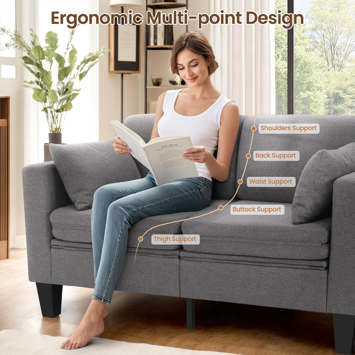 SEJOV 6-in-1 Convertible Sofa Bed, 58" Loveseat Sleeper Sofas with Pull Out Couch Bed, Removable Backrest, Storage Pockets and 2 Pillows, Modern Folding Linen Futon Couch for Small Spaces, Gray