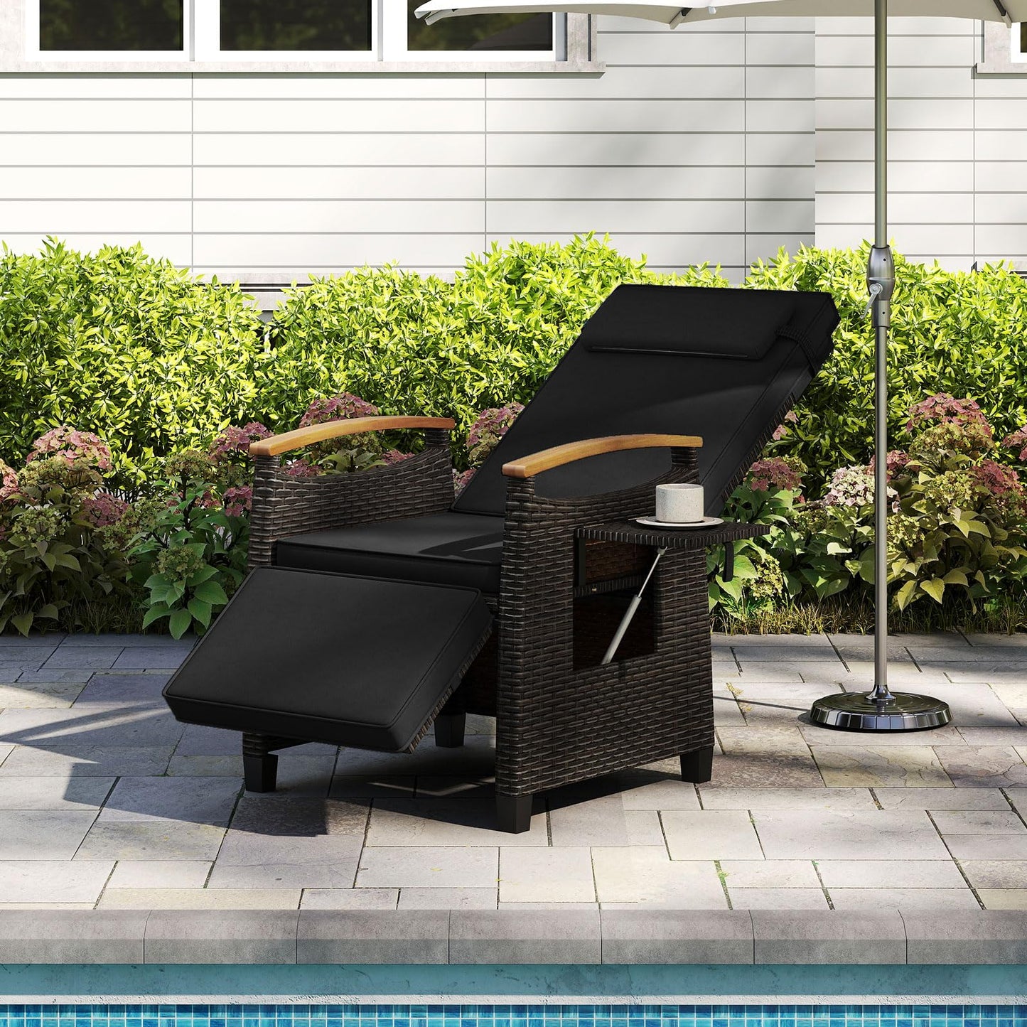 HAPPYGRILL Outdoor Rattan Wicker Chaise Lounge Recliner Chair with Adjustable Backrest & Footrest, Push Back Outside Seat w/Cushion & Flip Table for Backyard, Porch, Balcony (Black,1)