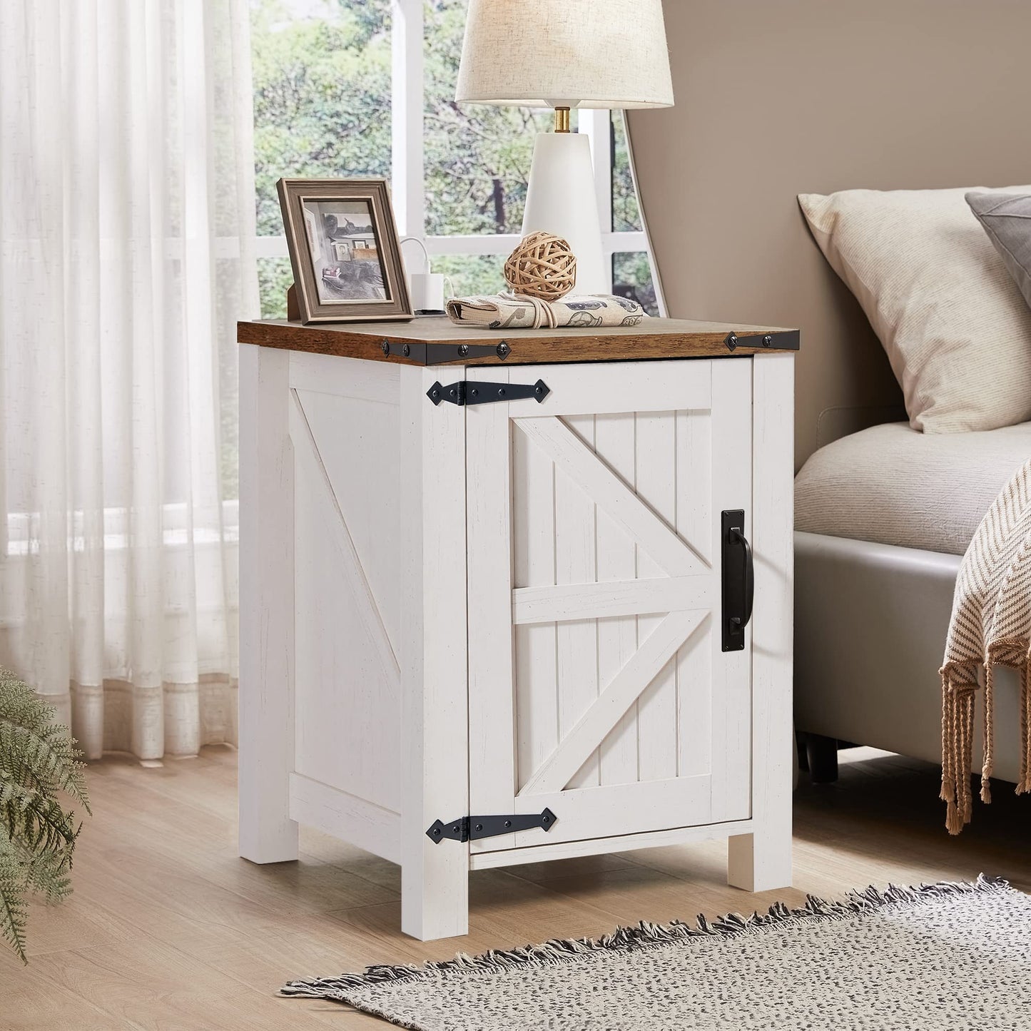 OKD Nightstand with Charging Station, 18 Inch Farmhouse End Table with Barn Door and Adjustable Storage Shelf, Rustic Wood Sofa Side Table w/Magnetic Door for Living Room, Bedroom, Antique White