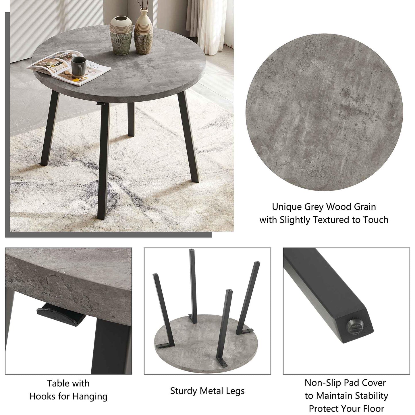 Homedot Kitchen Table and Chairs Set for 4, 37" Grey Round Dining Table with Hooks, Solid MDF Faux Wood Tabletop, Grey Velvet Dining Chairs Upholstered Side Chair with Back