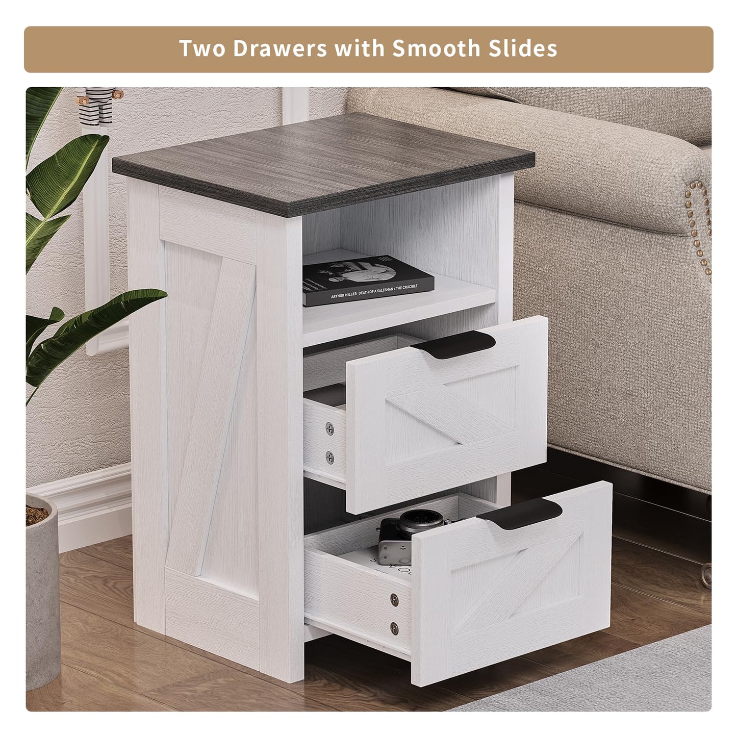 AURINEST Farmhouse Night Stand Set of 2, Bed Side Table with 2 Drawers and Storage Shelf, Rustic White End Table for Bedroom, Living, Entryway, Office, Dorm, Small Spaces, White
