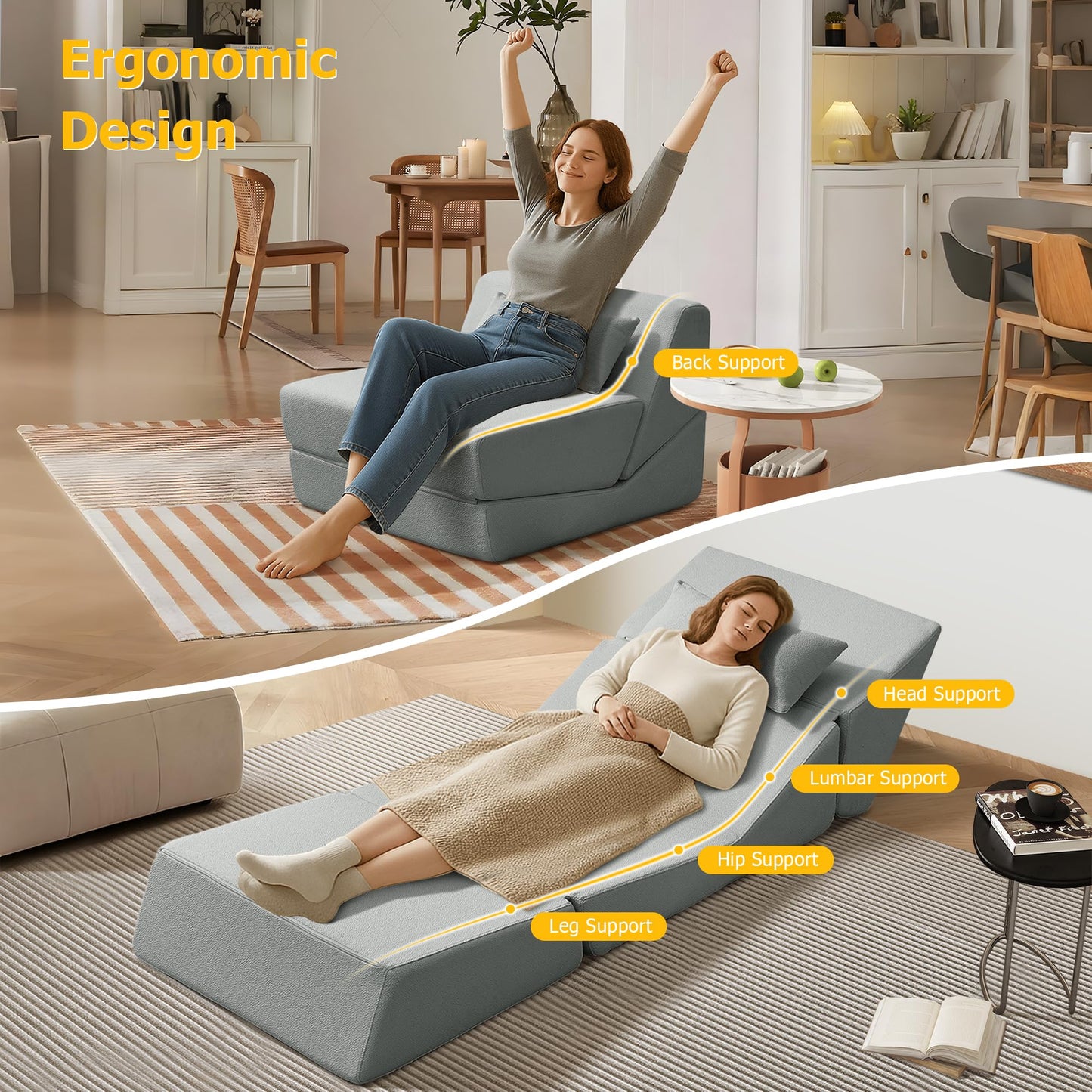 BAMOOLI Sleeper Sofa Bed, Convertible Fold Out Couch, Comfy Alpaca Wool Fabric Portable Foldable Floor Mattress Sleeper Chair with Pillow, Foldable Floor Sofa Lounge for Living Room, Bedroom, Grey