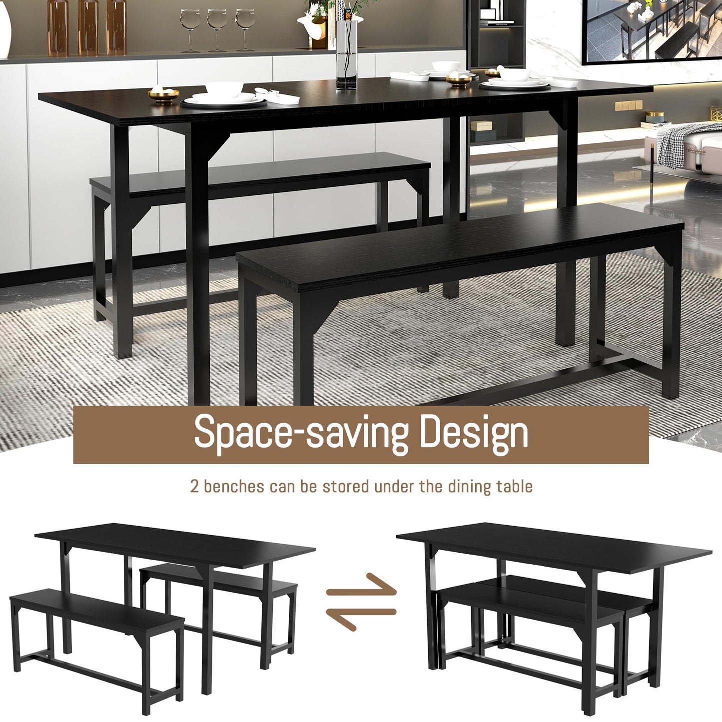 TOLEAD 63 Inch Dining Table Set for 4-8, 3-Piece Extendable Kitchen Table Set with 2 Benches, Metal Frame & Wood Board, Space-Saving Breakfast Dining Room Table Set for Home Kitchen, Black